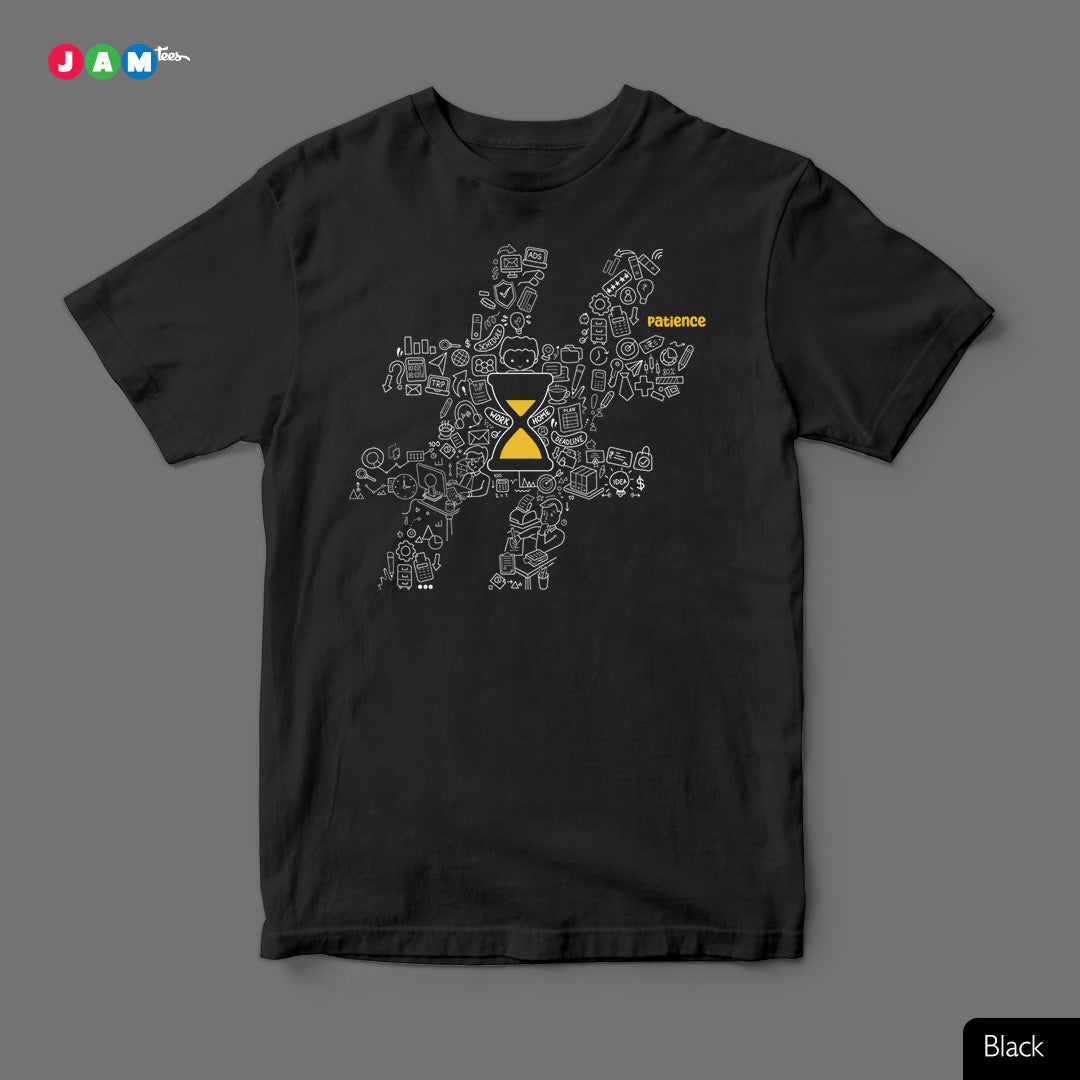 JAMtees Black T-shirt with Hashtag #PATIENCE Doodle Design