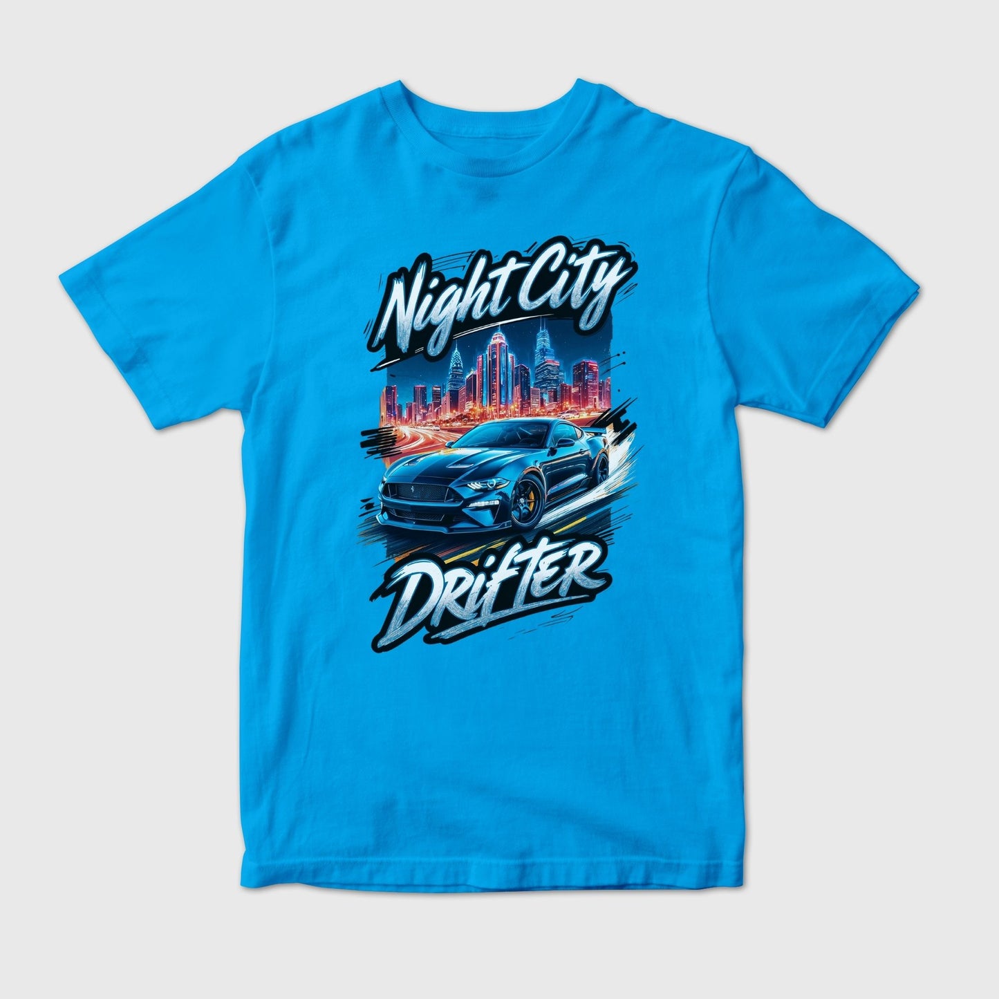 Night City Drift Racing Blue Car in Urban Art