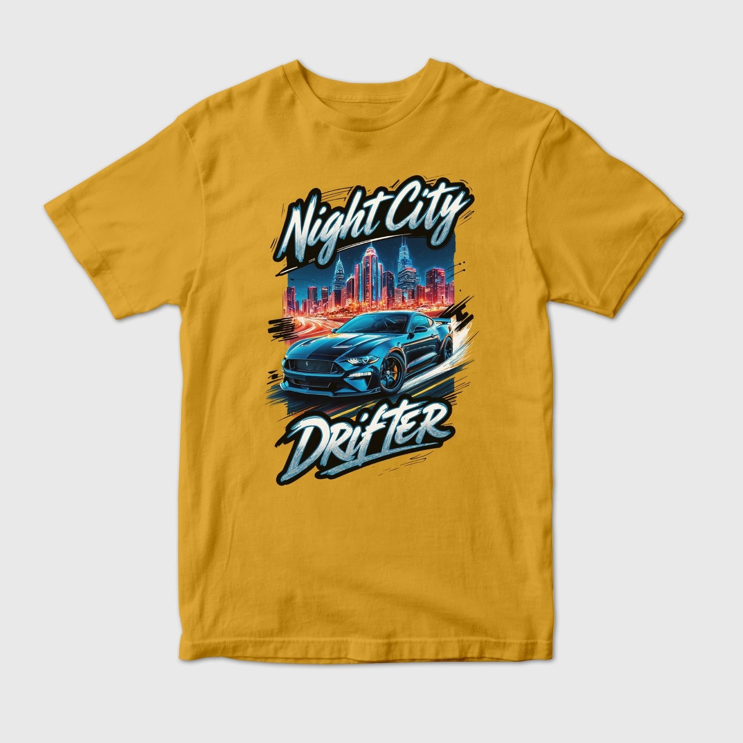 Night City Drift Racing Blue Car in Urban Art