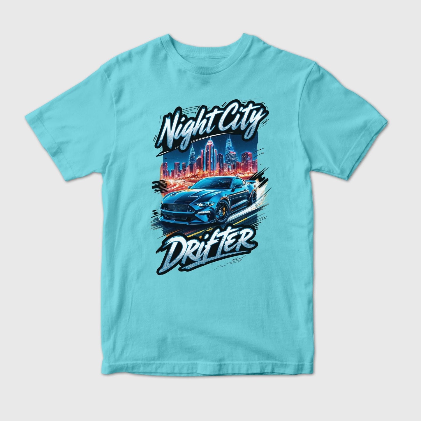 Night City Drift Racing Blue Car in Urban Art