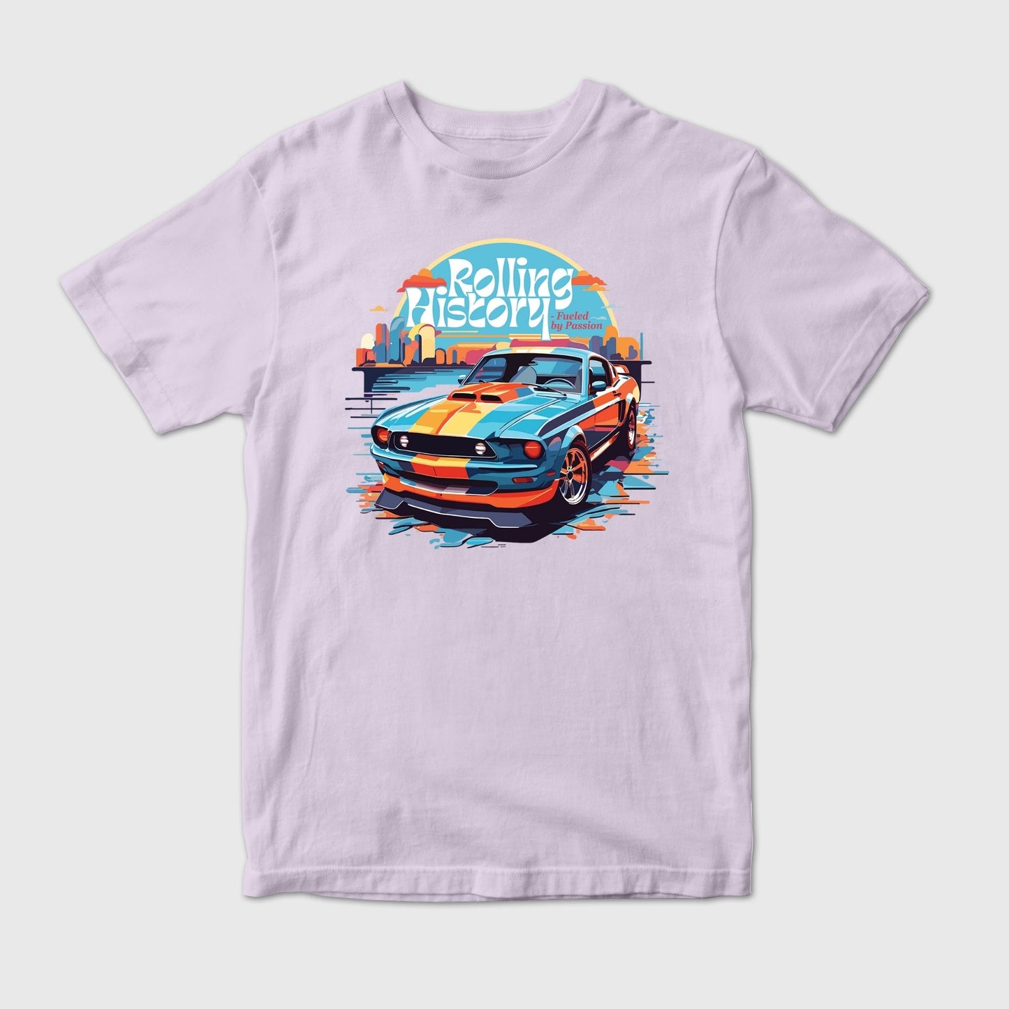 Lavender t-shirt with a graphic of a car and 'Rolling History' text on a Blue graphic background
