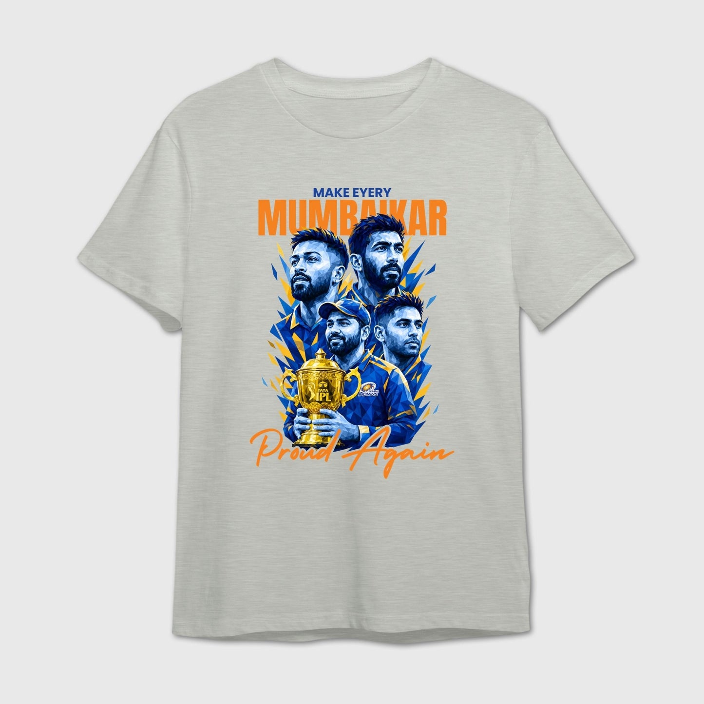 Gray t-shirt with sports-themed graphic and text on a white background