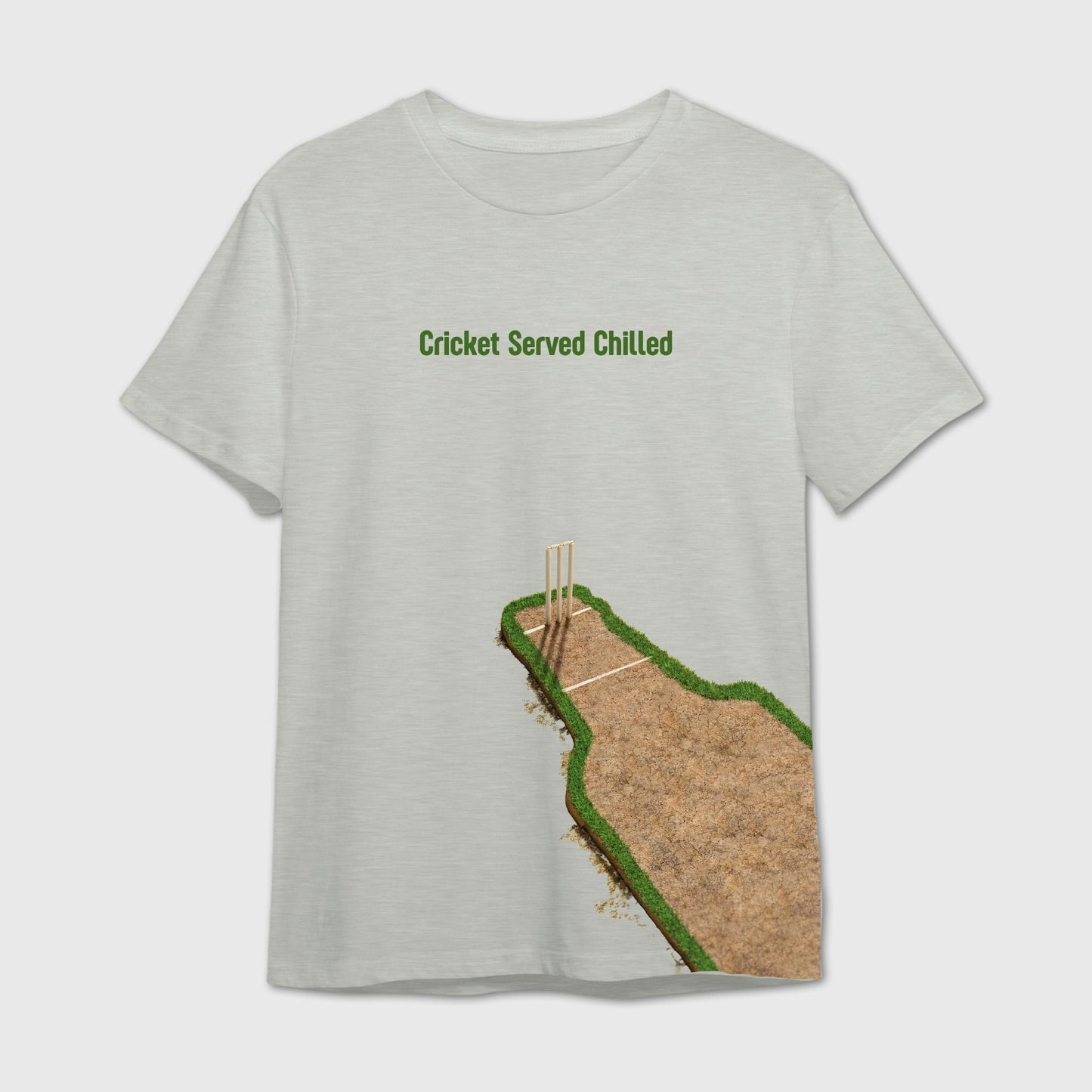 Gray t-shirt with a graphic of a bottle shaped Cricket pitch with green text 'Cricket Served Chilled'
