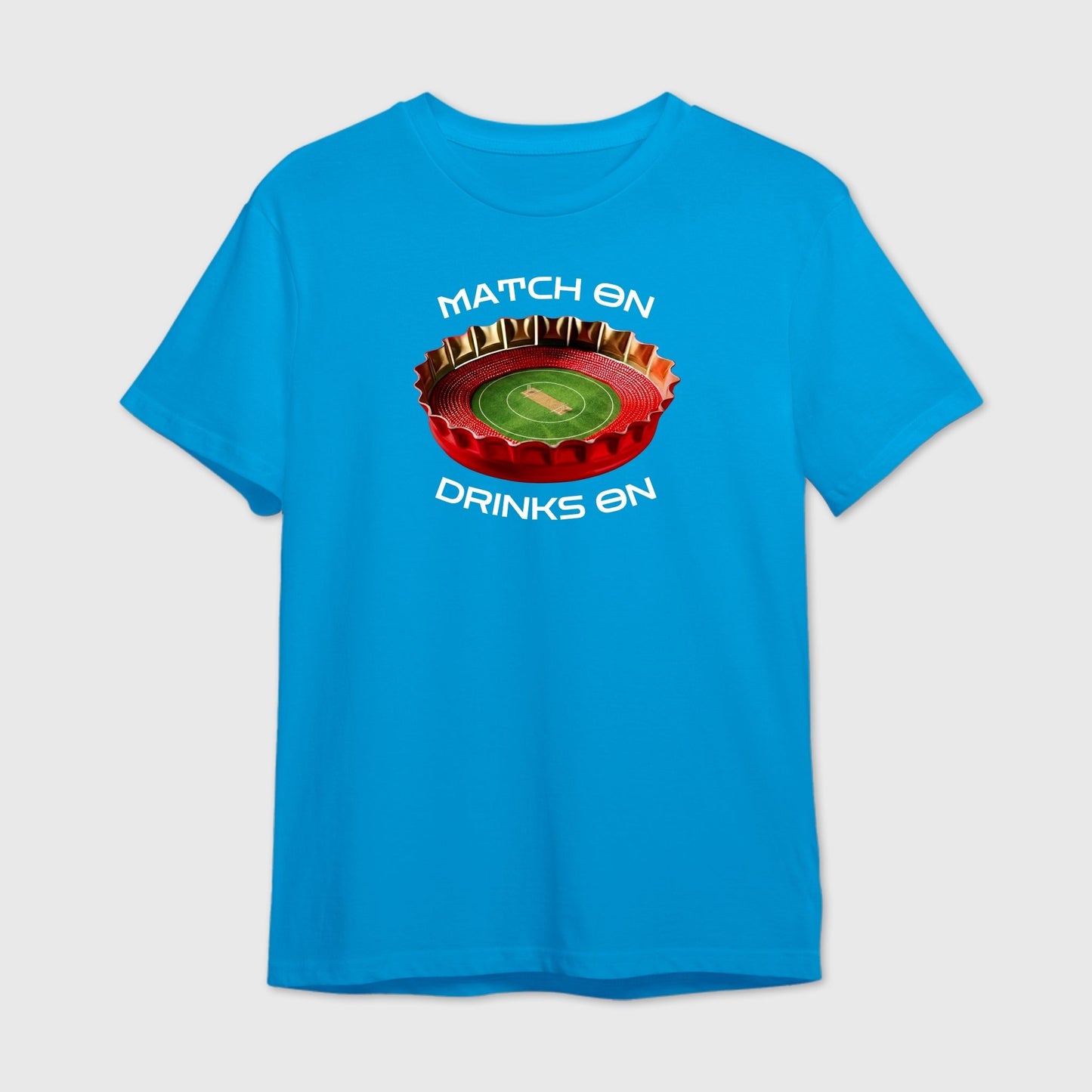 Blue t-shirt with a graphic of a bottle cap opening to reveal a cricket stadium and white text 'Match on Drinks on'