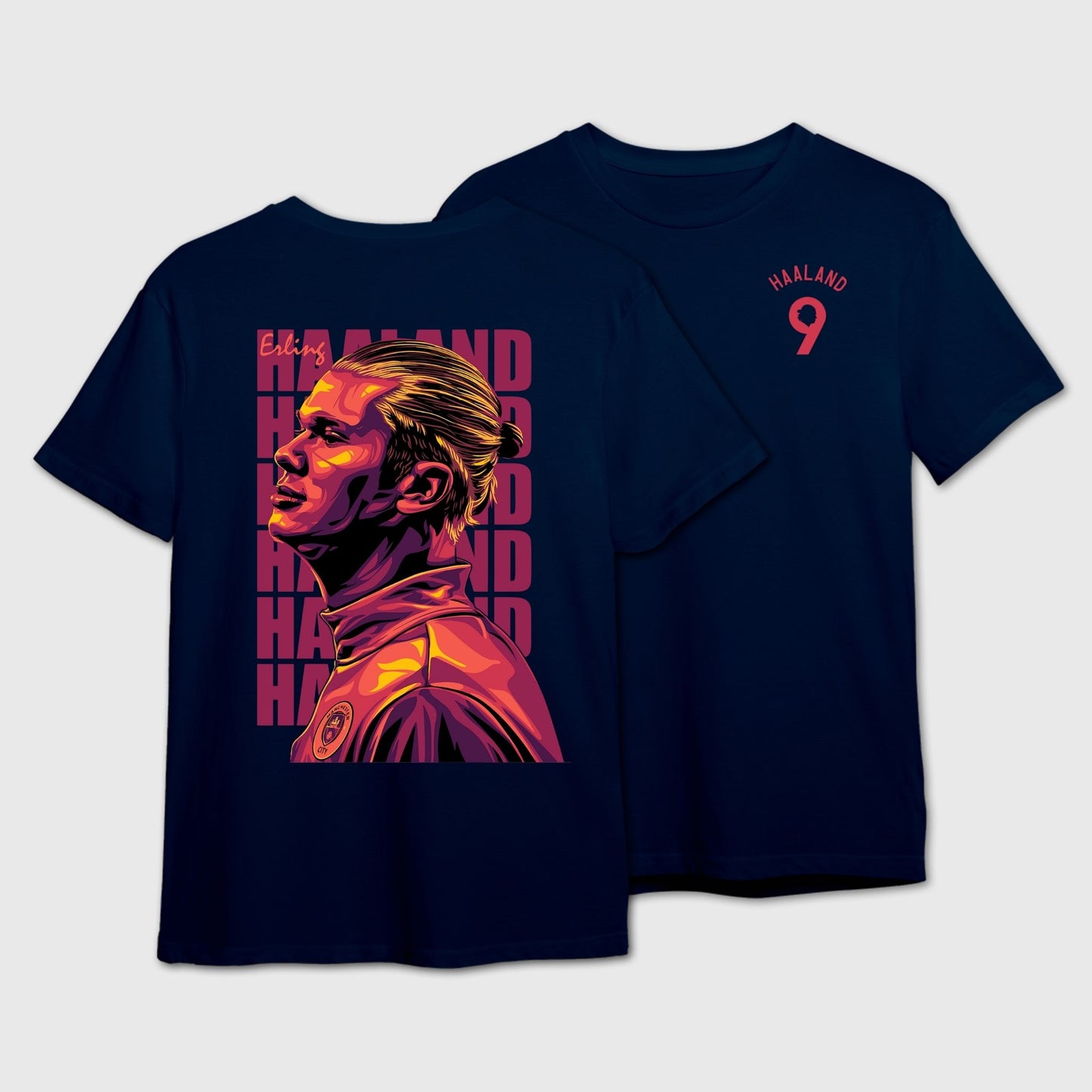 Navy blue t-shirt with a graphic design of a person and the name 'Haaland' with number 9