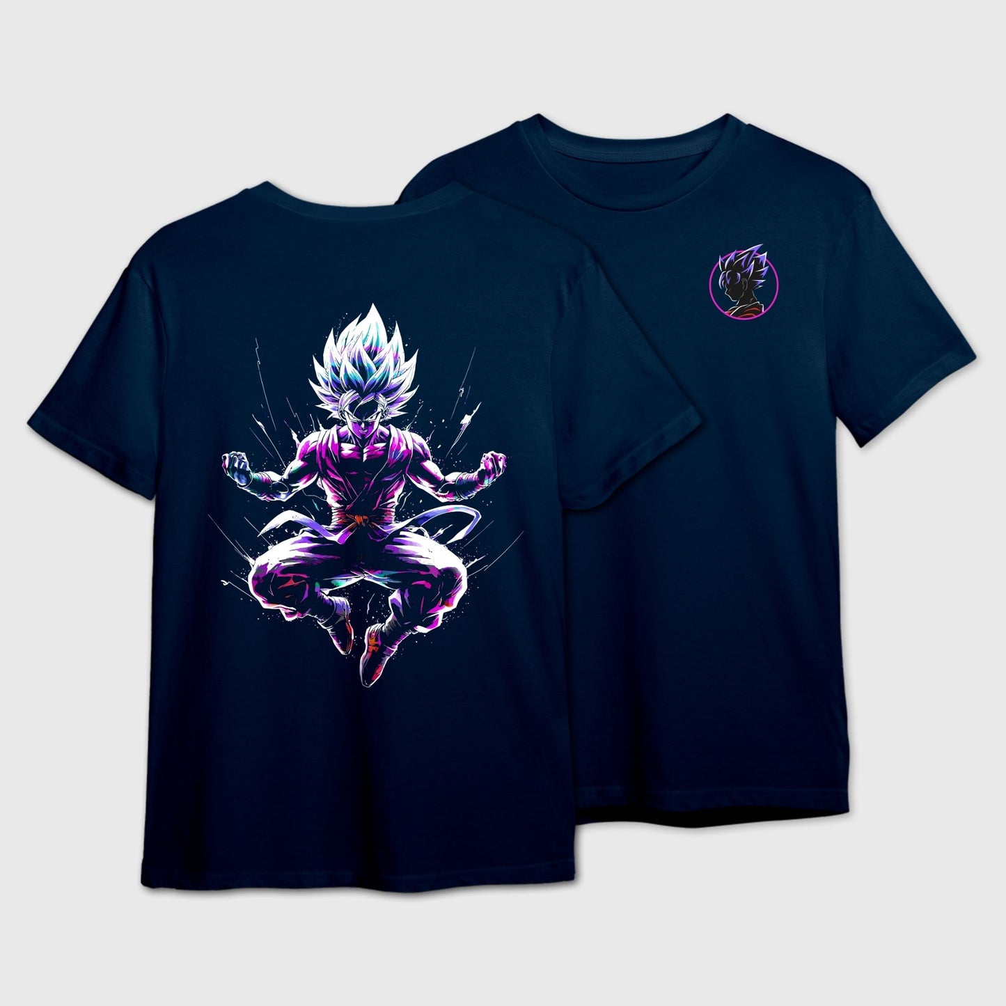 Navy Blue t-shirt with a Neon Goku silhouette print on the back and a smaller logo on the front.