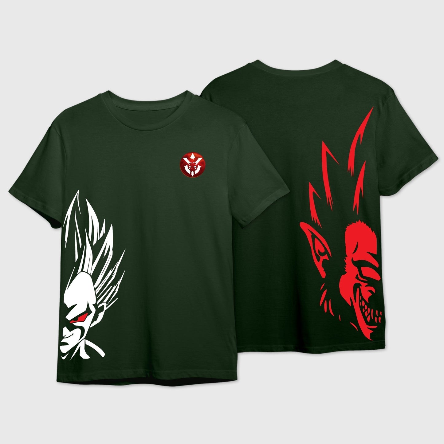 Bottle Green t-shirt with Side-Wrap Graphic design of Vegeta in White & Great Ape in Red.