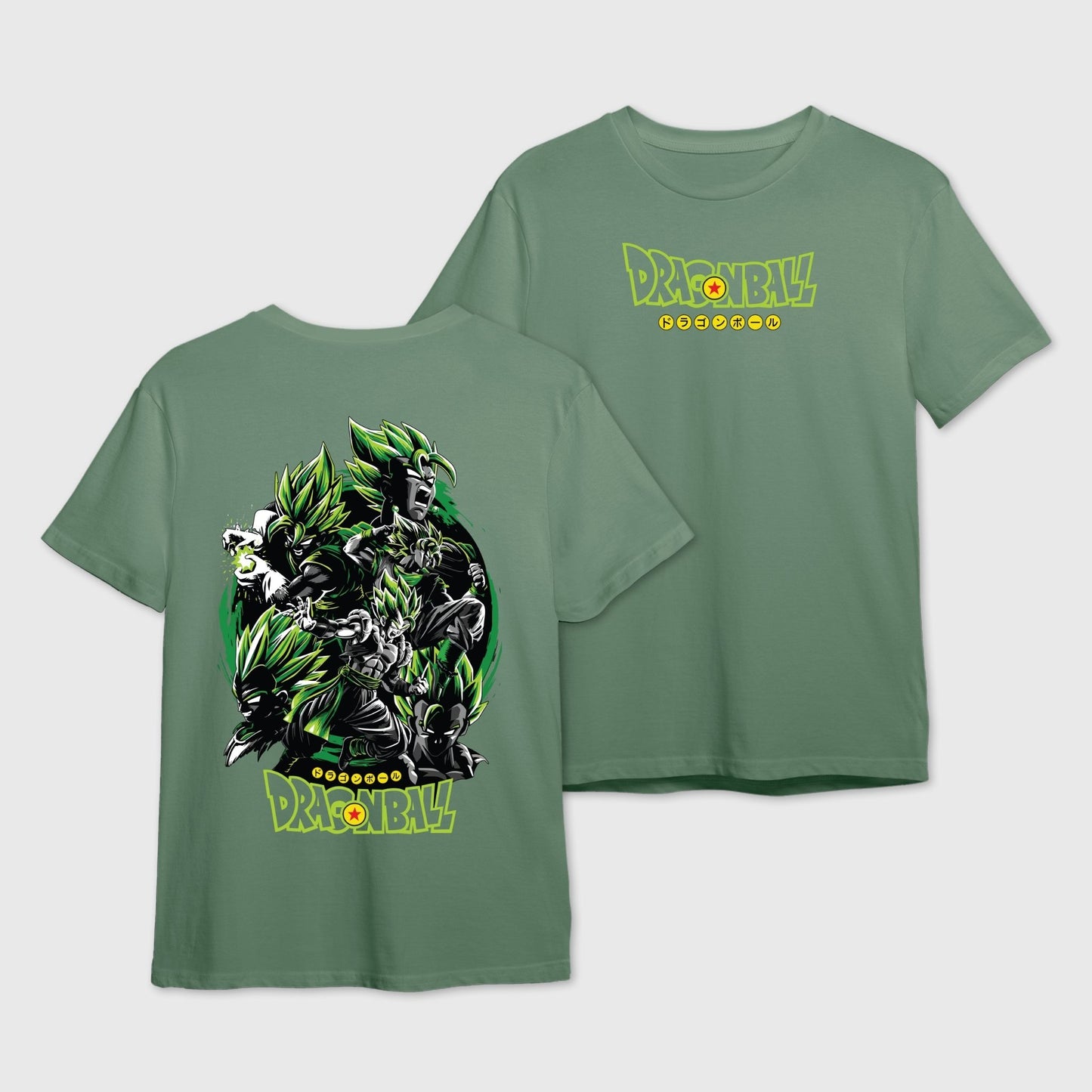 Sage Green t-shirt with DragonBall logo on the front and Gogeta-Vegito Fusion graphic design on the back.
