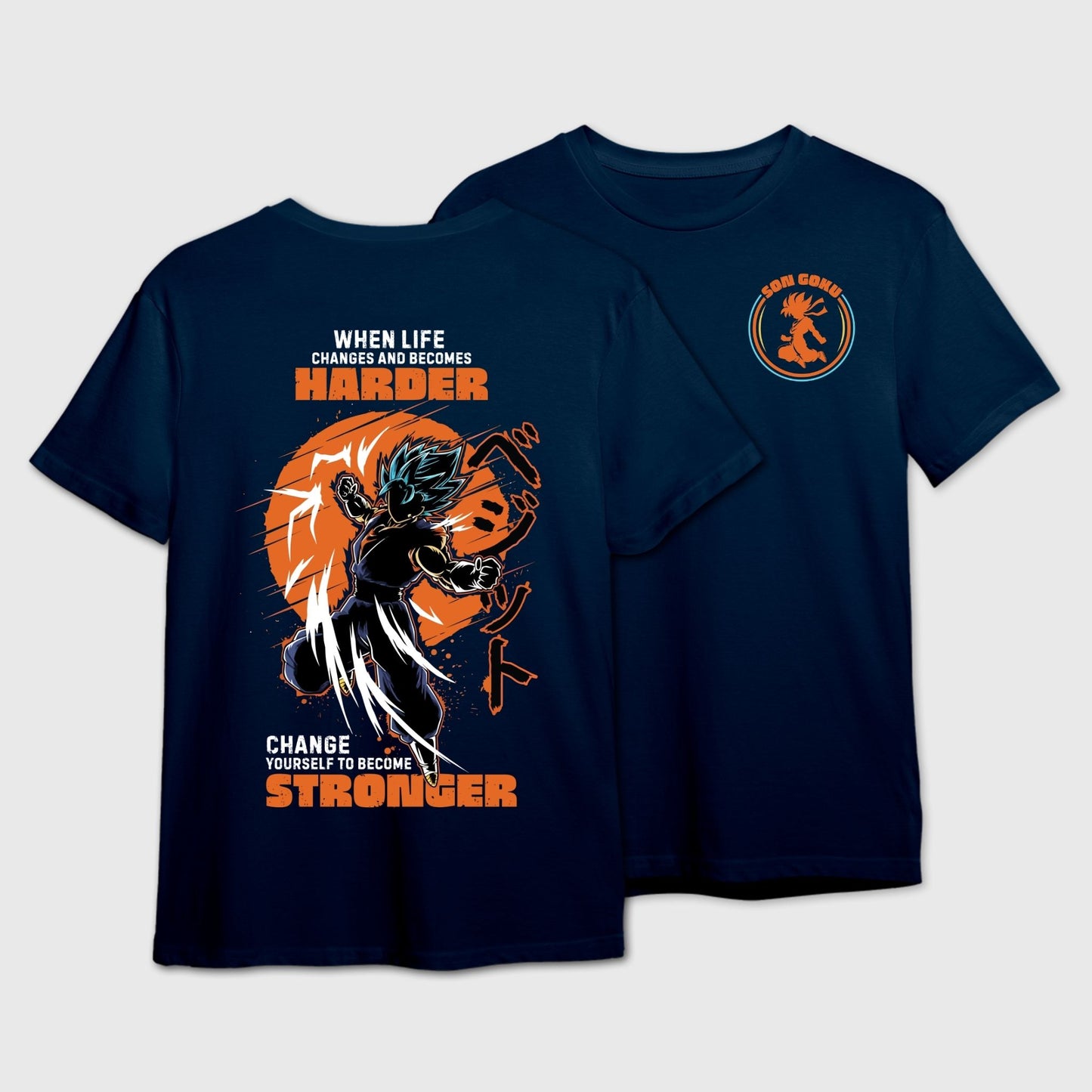 Navy Blue t-shirt with motivational graphic and text on the back and Son Goku logo on the front.