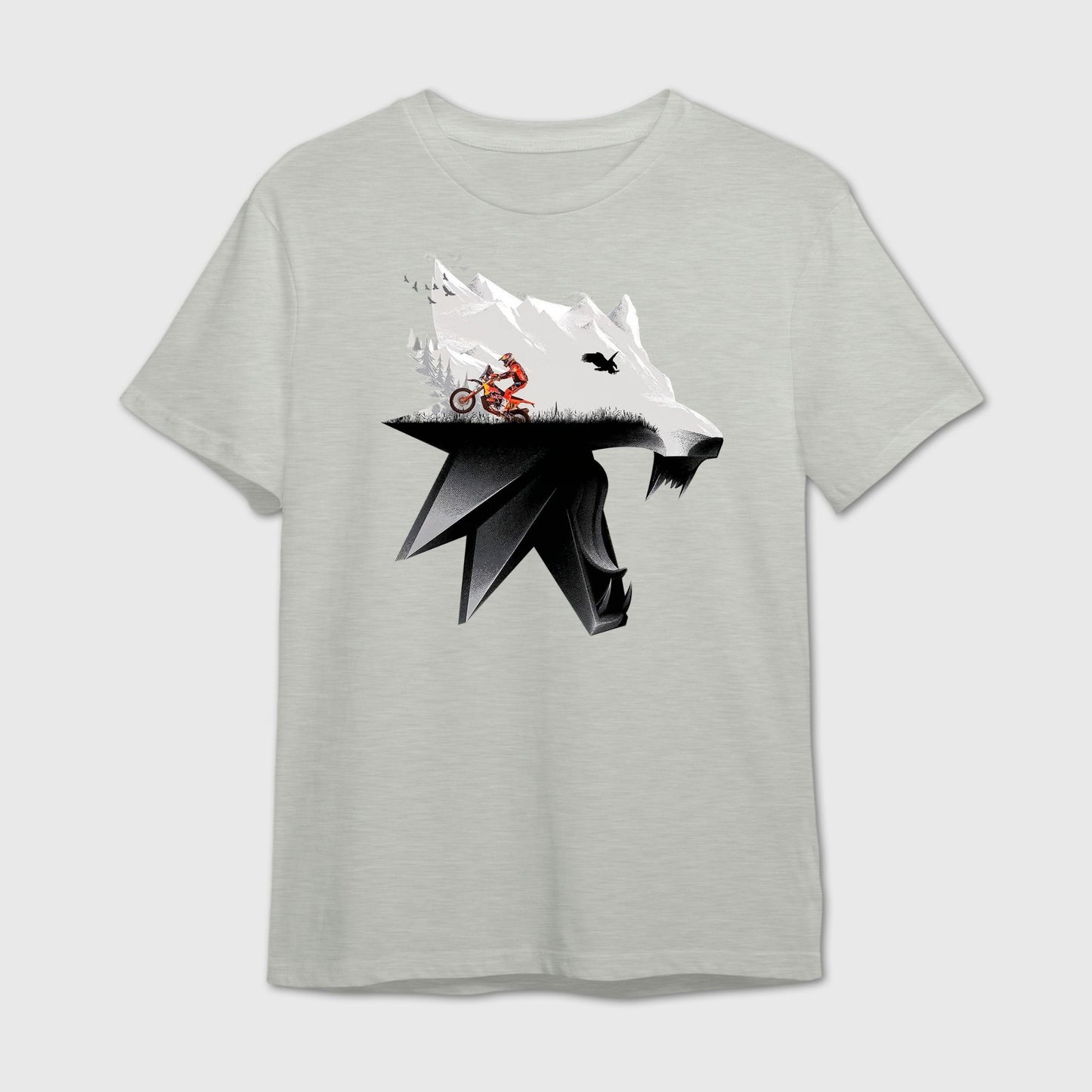Gray t-shirt with mountain peaks and rally racing blended within a fierce wolf face