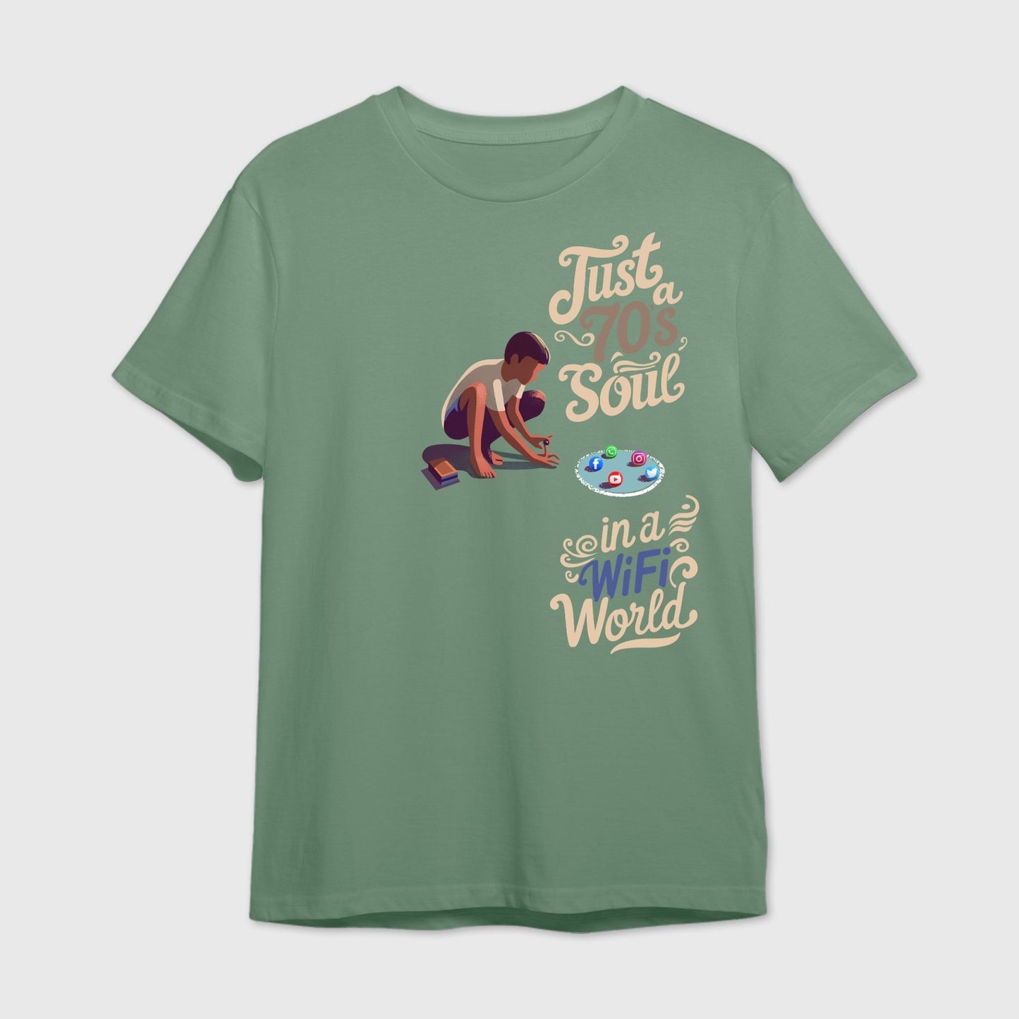 Sage green t-shirt with graphic design and text