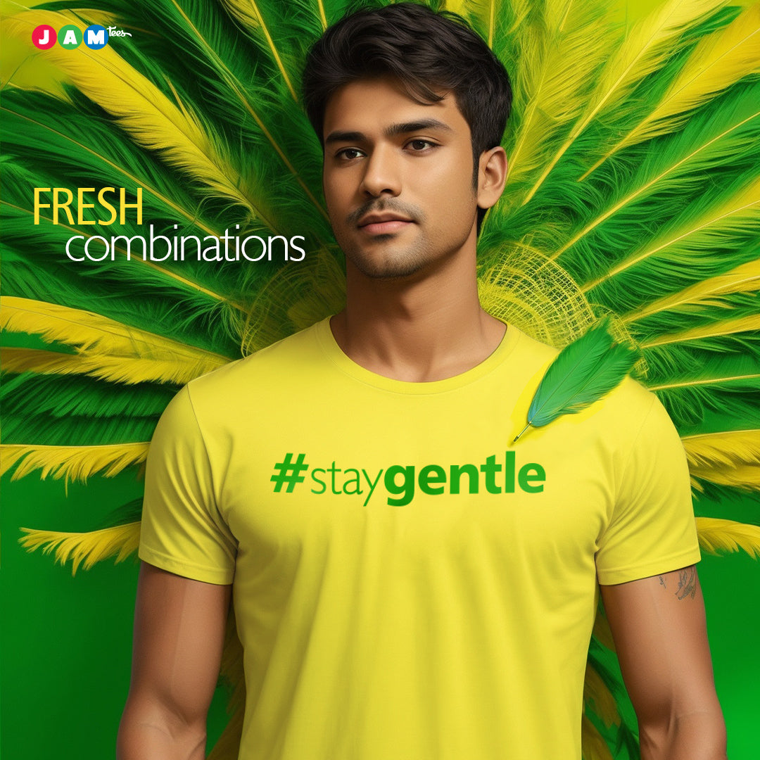 "Sunny Serenity: #StayGentle Yellow Tee with Green Print"