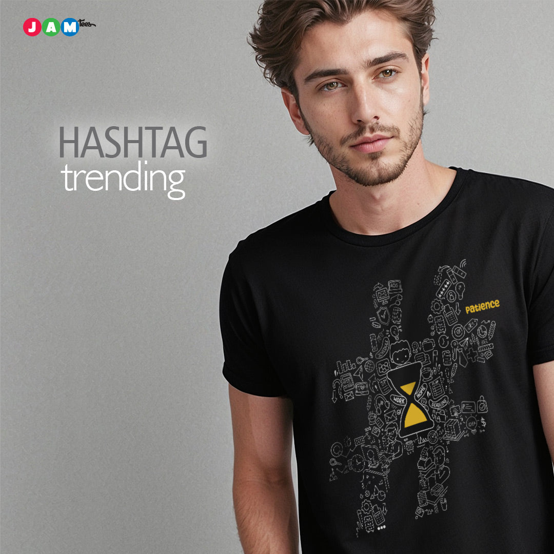 JAMtees Black T-shirt with Hashtag #PATIENCE Doodle Design