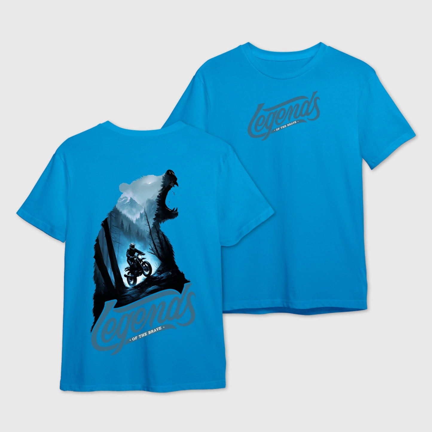 Blue t-shirt with bear and motorcycle graphic and 'Legends' text