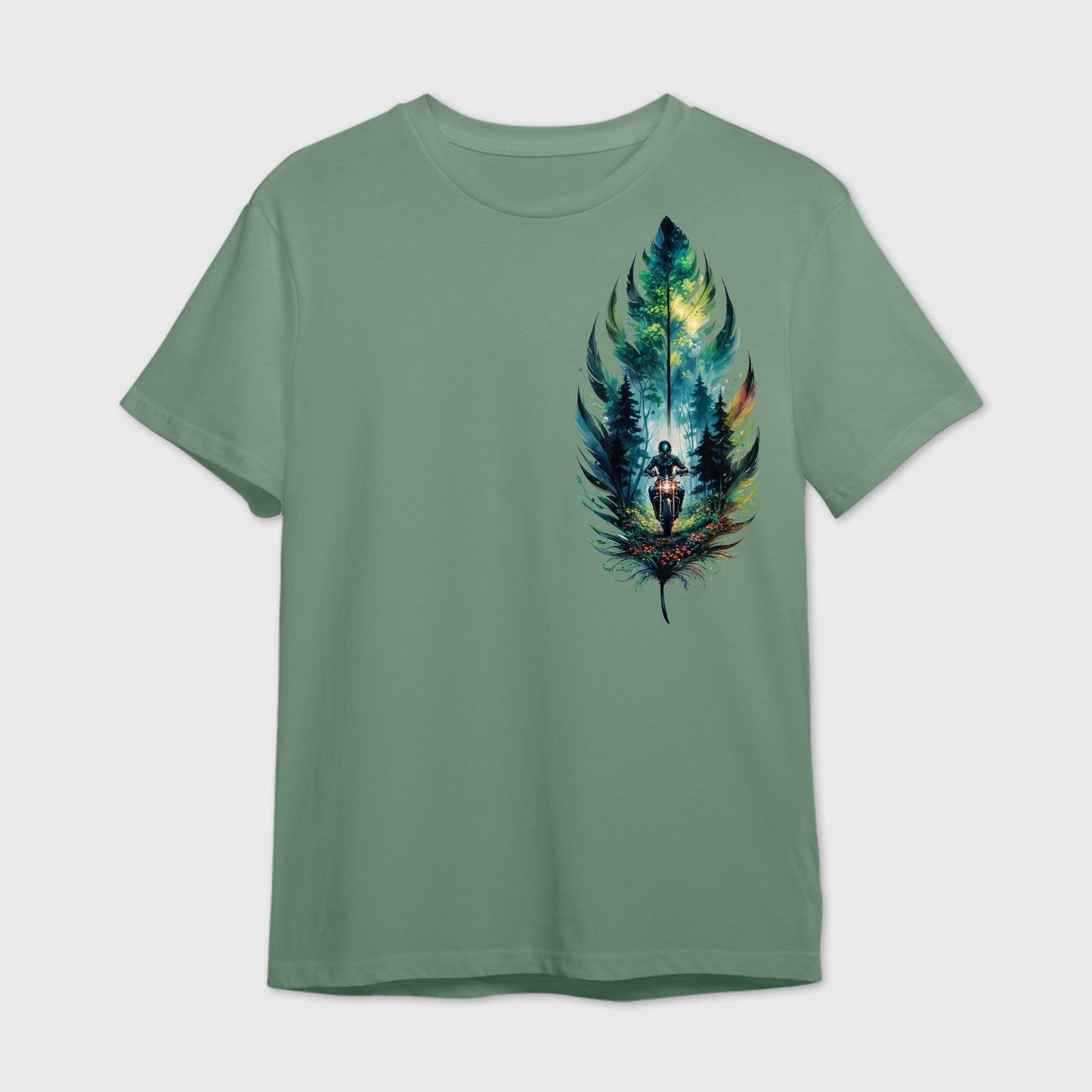 Sage green t-shirt with graphic design of a rider in the forest encapsulated within a colorful feather