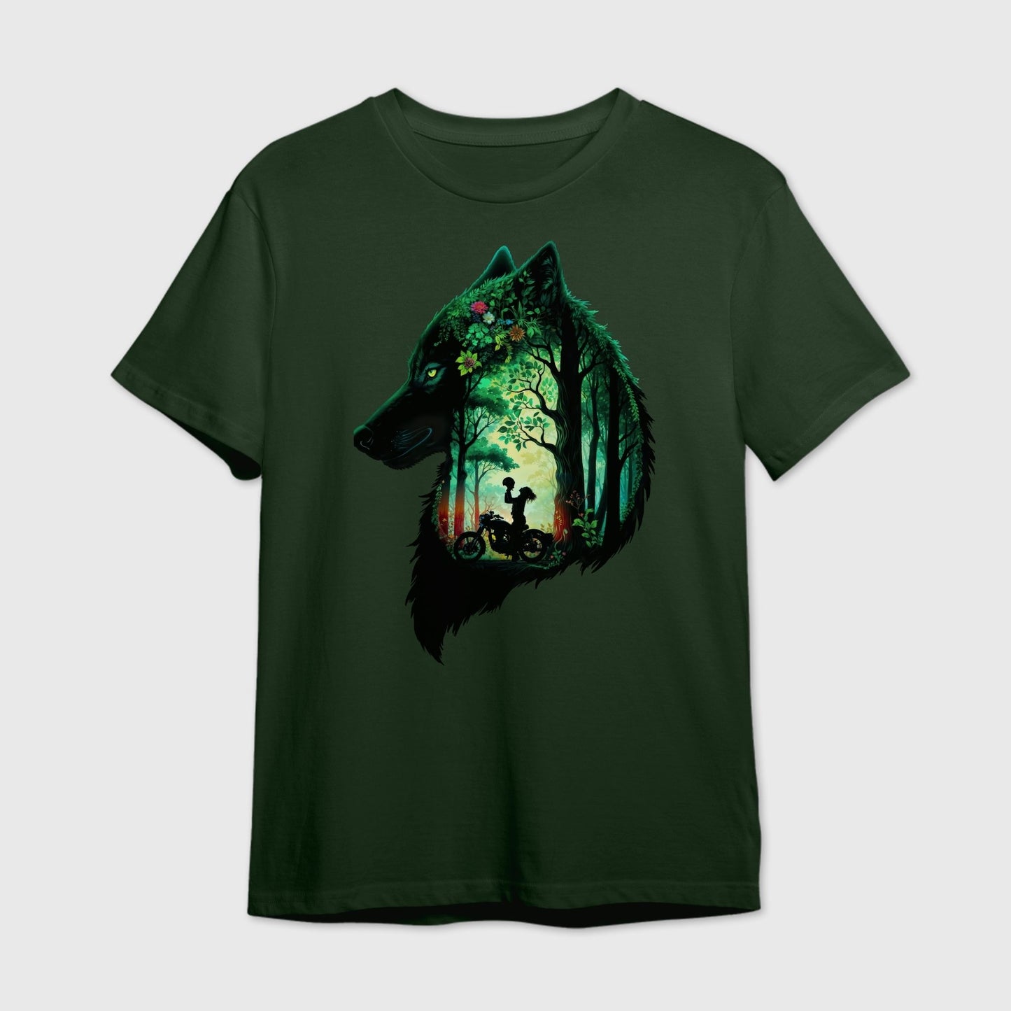 Green t-shirt with a wolf design featuring a forest and a female rider