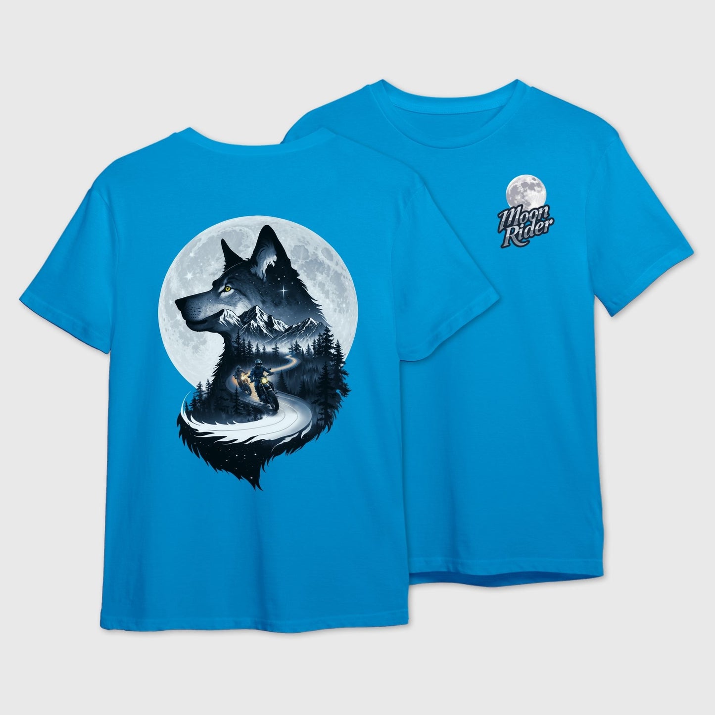 Blue t-shirt with wolf silhouette art capturing two friends on a moonlit mountain ride on the back and Moon Rider logo on the front