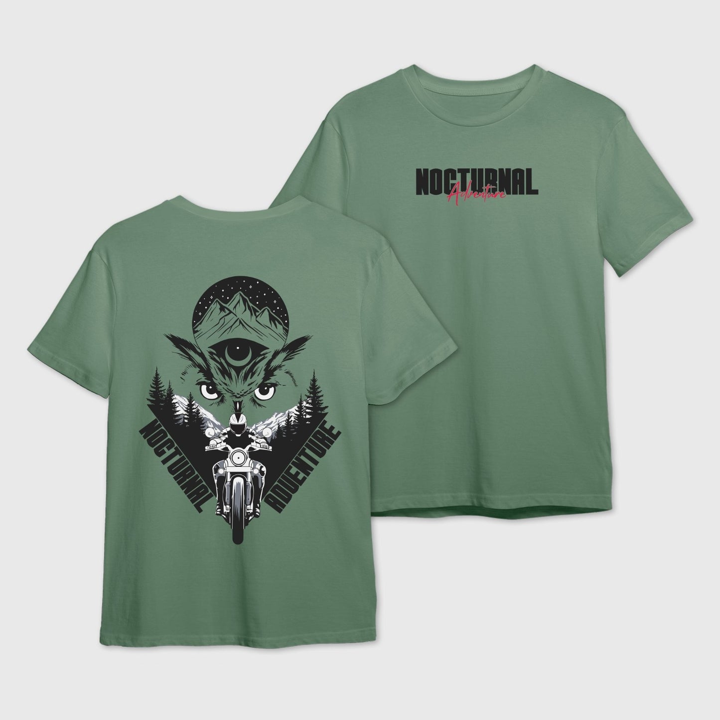 Sage green t-shirt with black graphic design of an Owl and a motorcyclist with 'Nocturnal Adventure' text