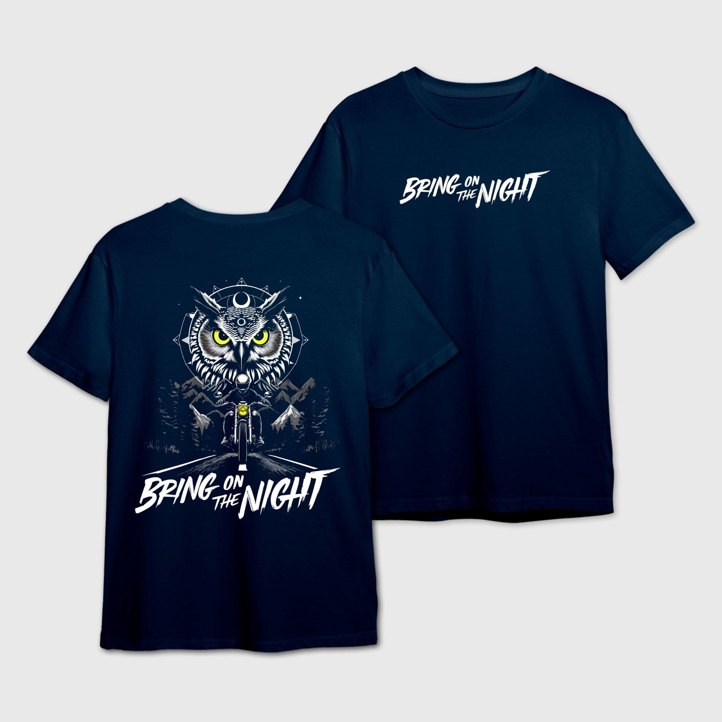 Navy blue t-shirt featuring an owl and a motorcyclist graphic with 'Bring on the Night' text