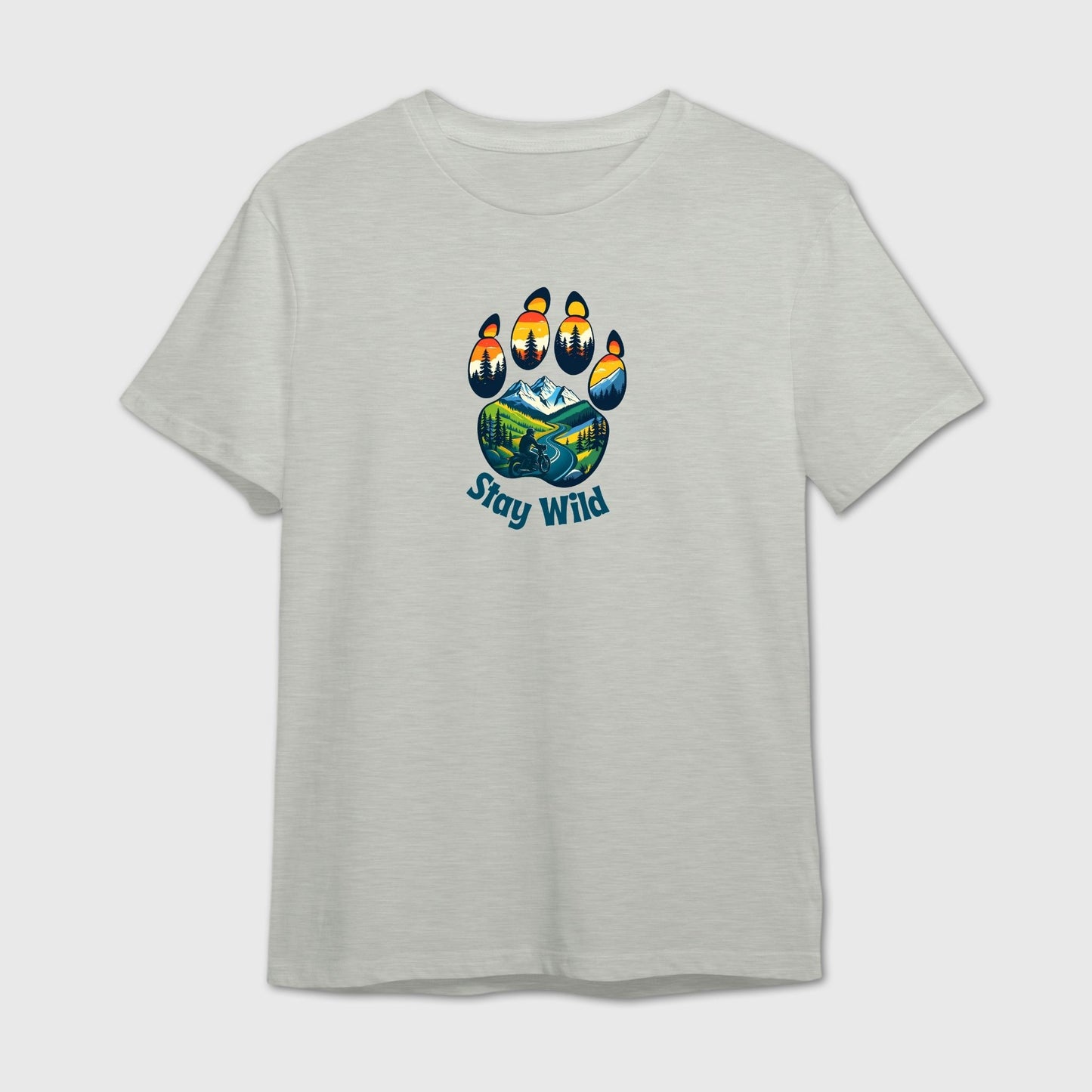 Grey t-shirt with a colorful bear paw graphic and 'Stay Wild' text