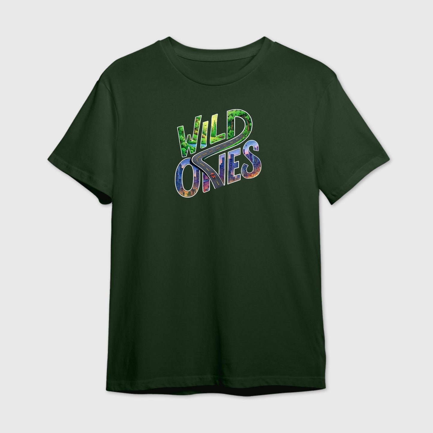 Dark green t-shirt with 'Wild Ones' text in colorful letters