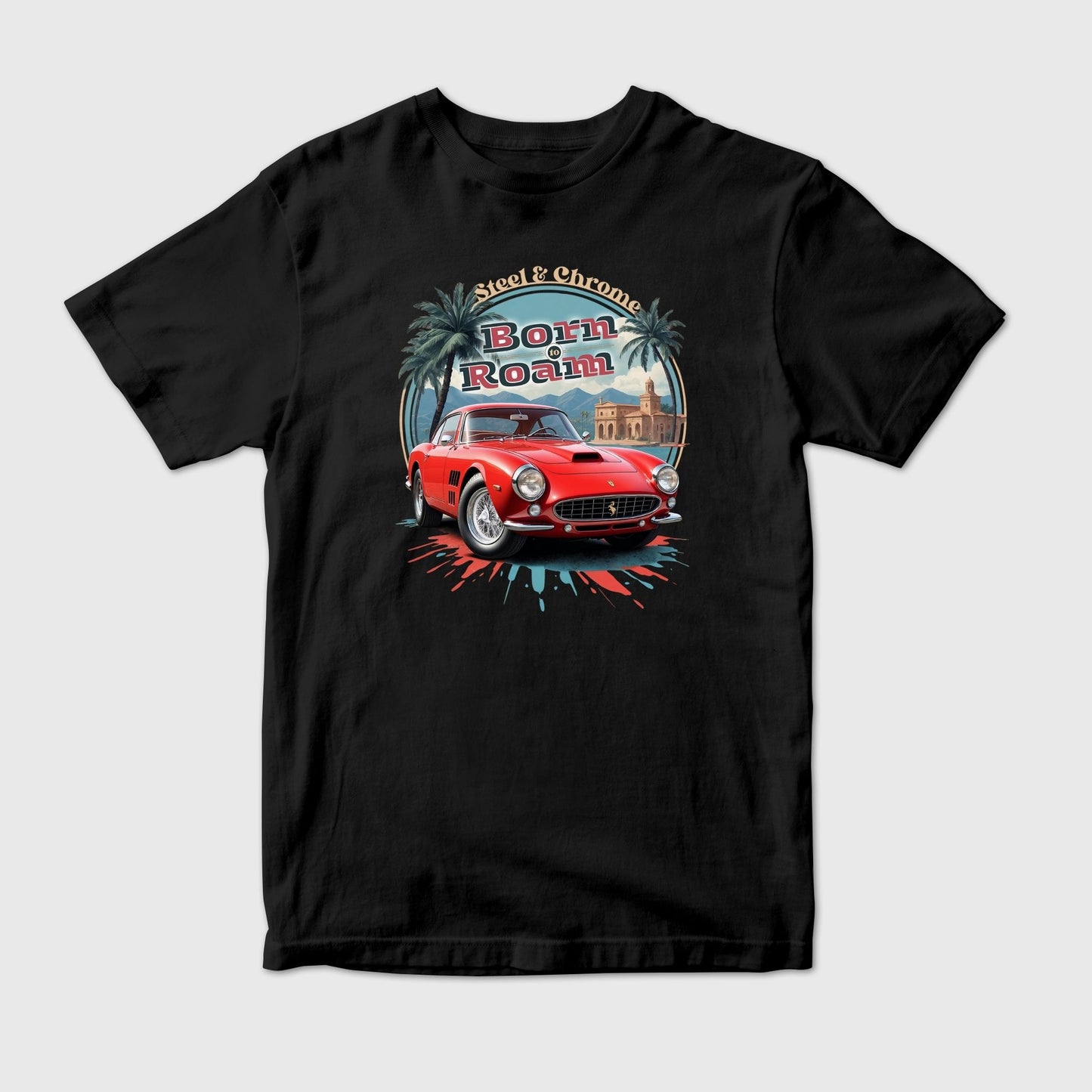 Retro Red Ferrari Sports Car in Circular Illustration