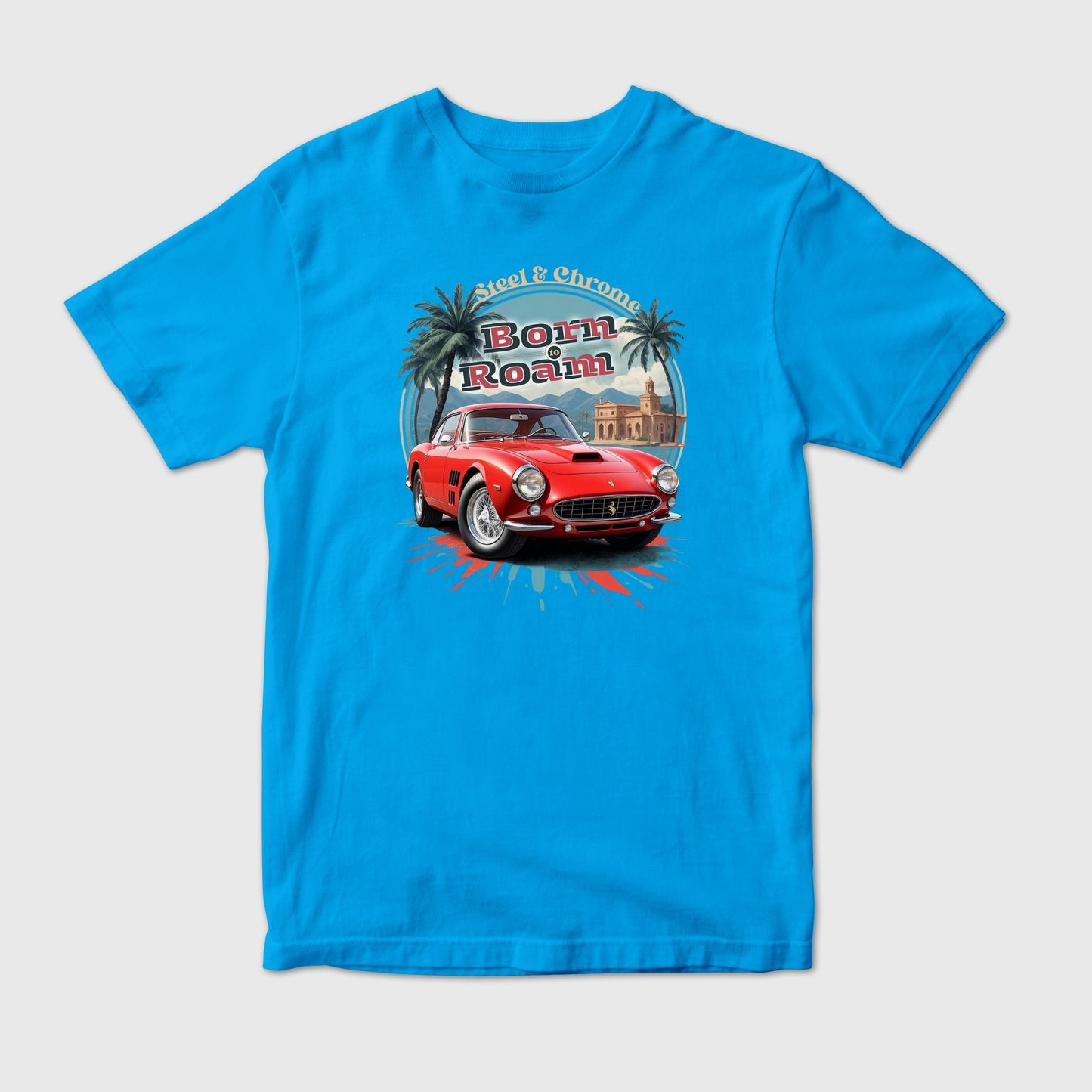 Retro Red Ferrari Sports Car in Circular Illustration