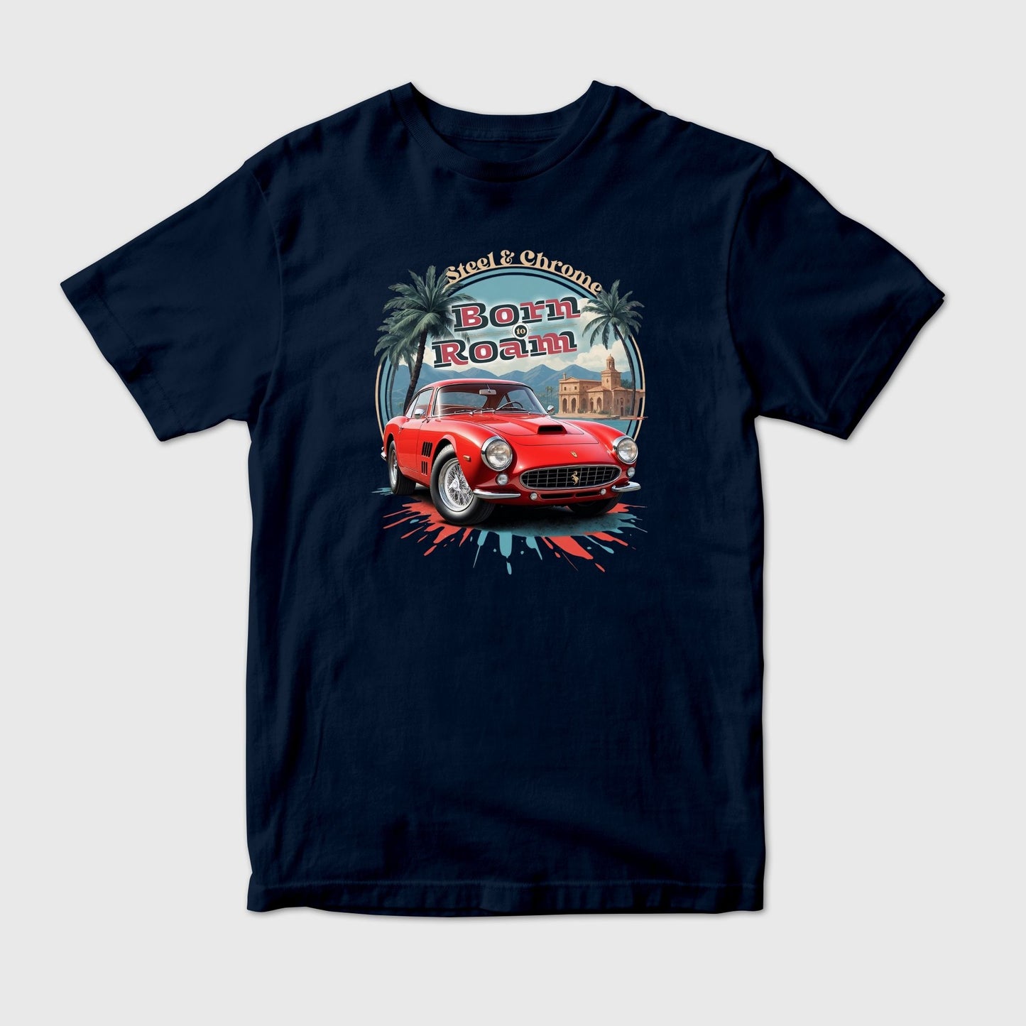 Retro Red Ferrari Sports Car in Circular Illustration