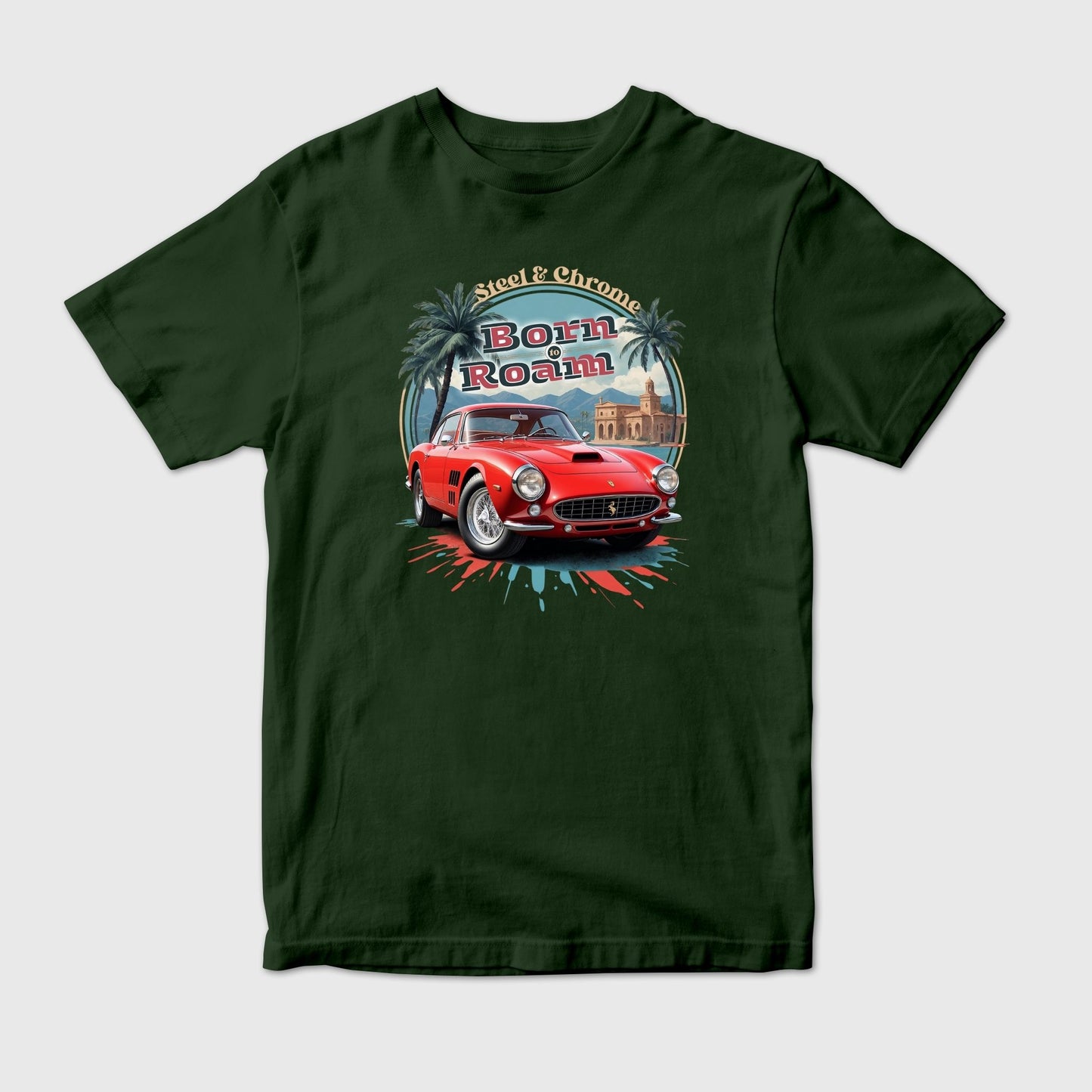 Retro Red Ferrari Sports Car in Circular Illustration