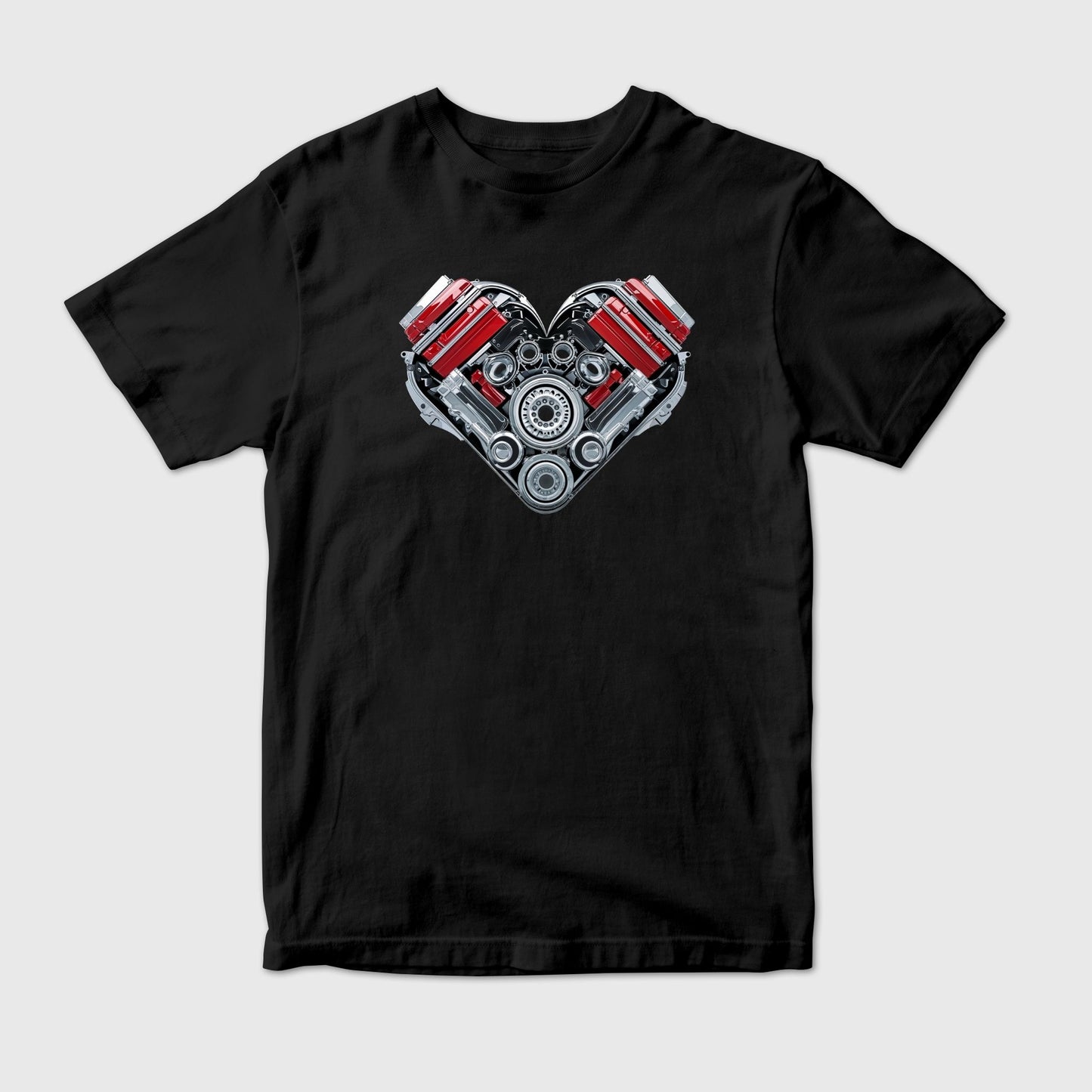 Black t-shirt with a mechanical heart design. A heart made of machine.