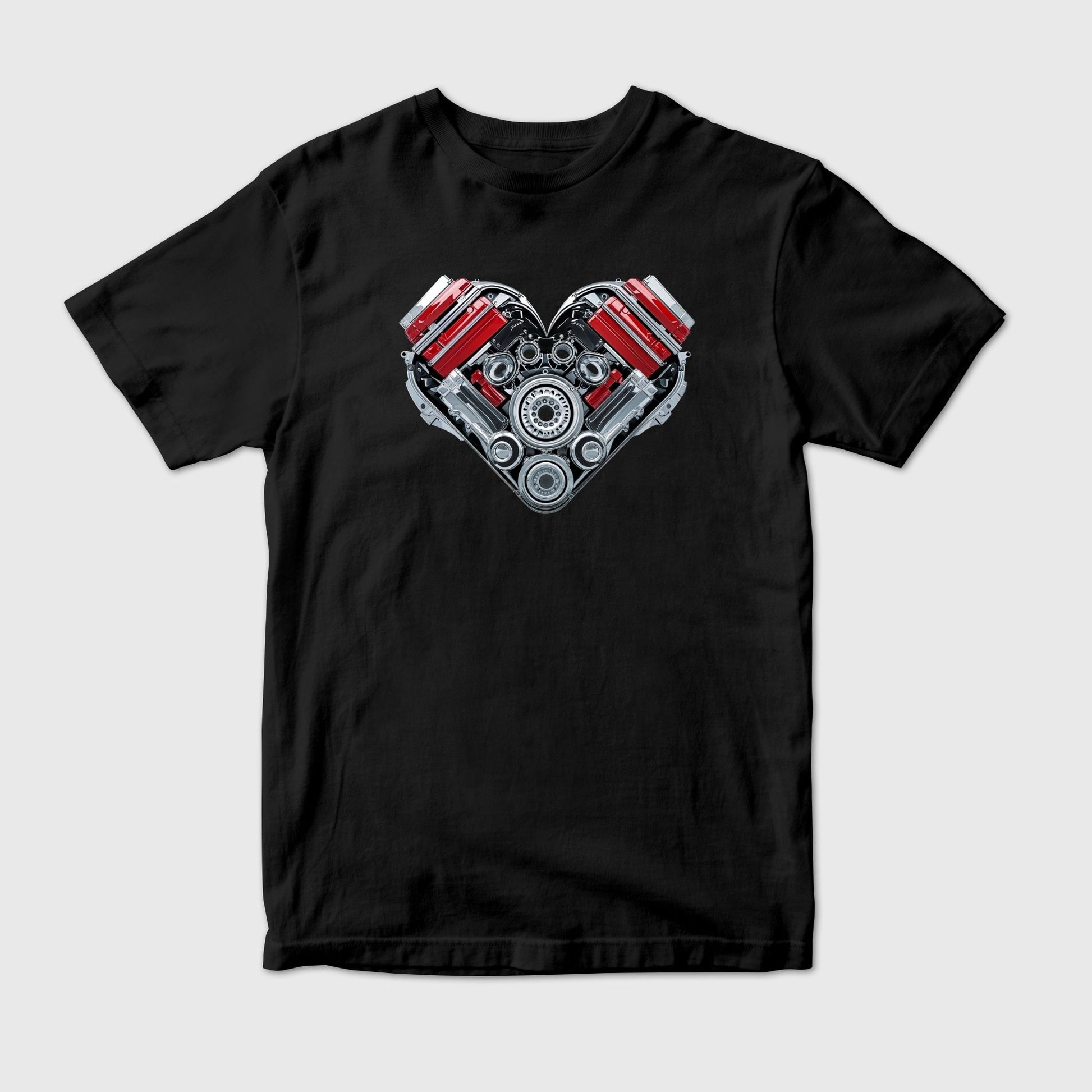 Black t-shirt with a mechanical heart design. A heart made of machine.