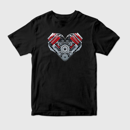 Black t-shirt with a mechanical heart design. A heart made of machine.