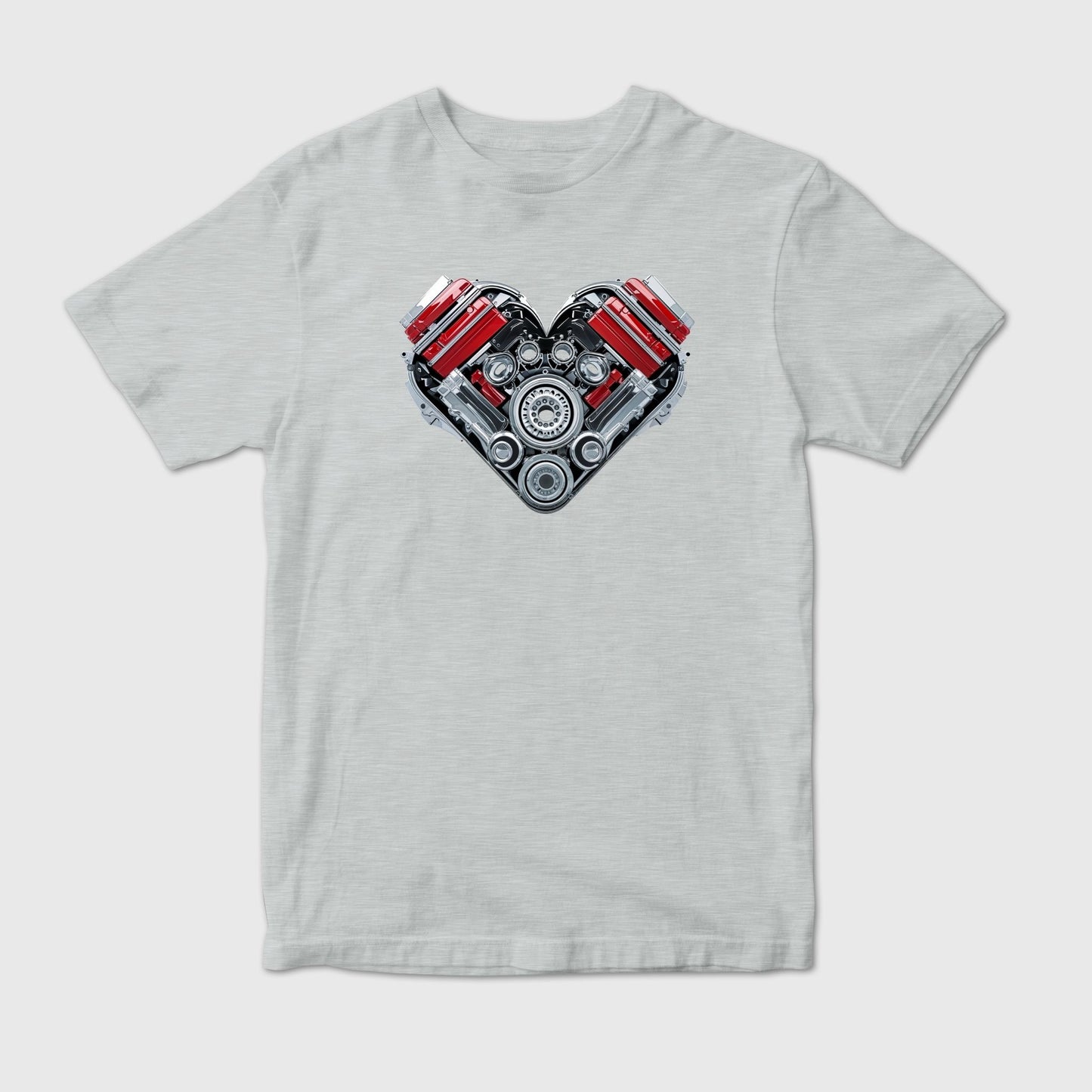 Gray t-shirt with a heart-shaped engine design on a white background