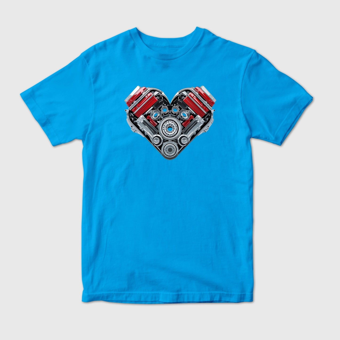 Blue t-shirt with a mechanical heart design. A heart made of machine.