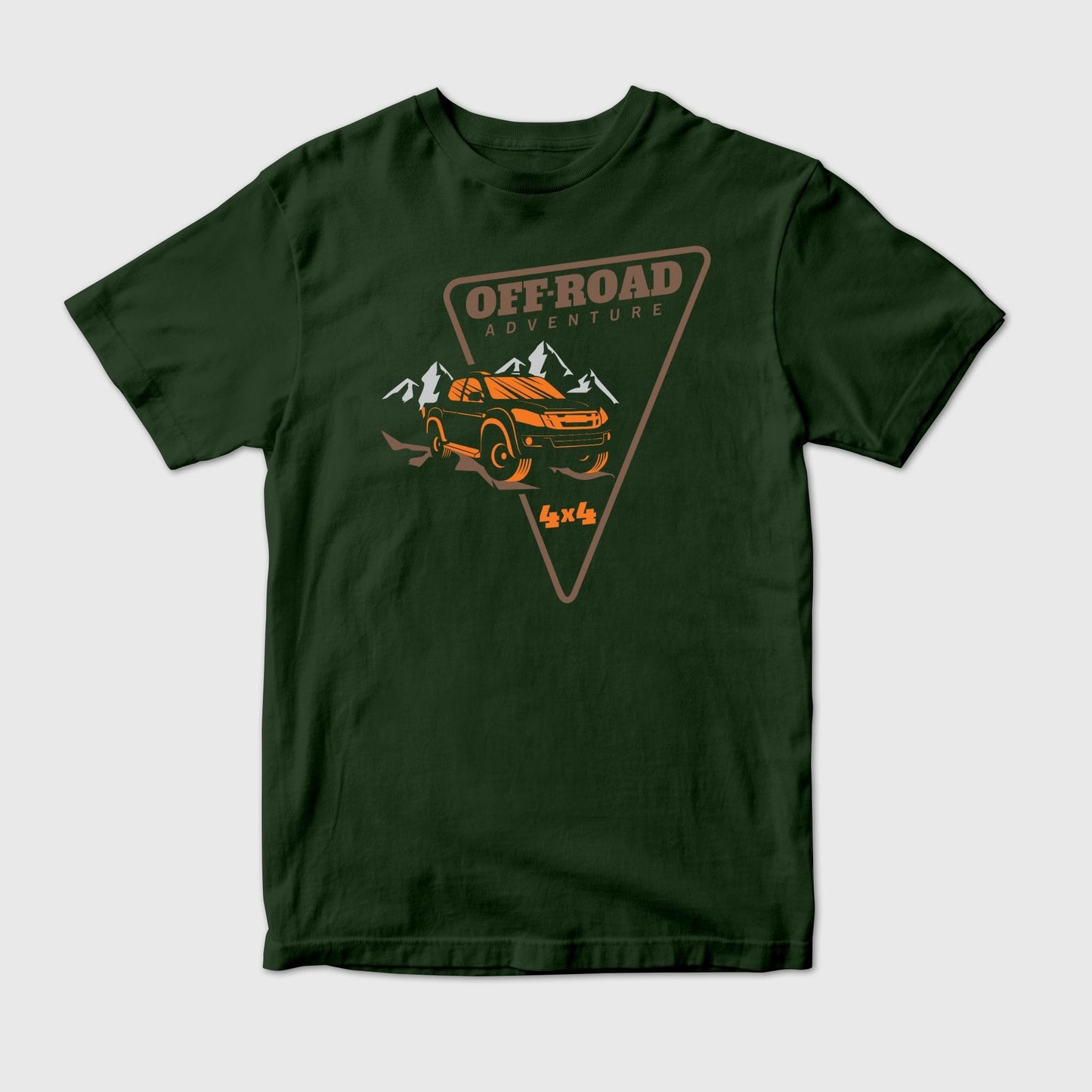 Olive Green t-shirt with off-road adventure graphic showcasing a 4x4 Isuzu Truck 