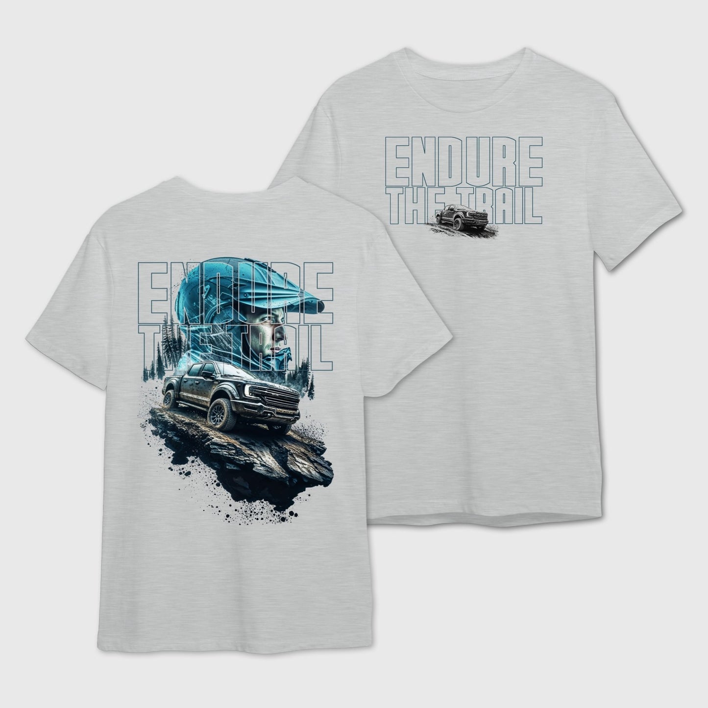 Gray t-shirt with off-roading graphic design and 'Endure the Trail' text on the front