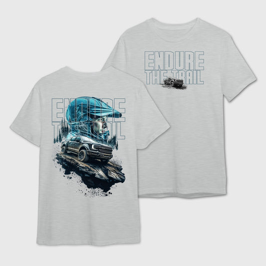Gray t-shirt with off-roading graphic design and 'Endure the Trail' text on the front