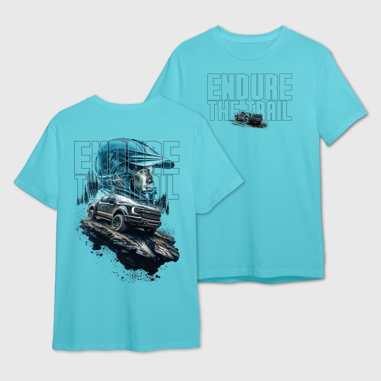 Sky Blue t-shirt with off-roading graphic design and text 'Endure the Trail' on the front