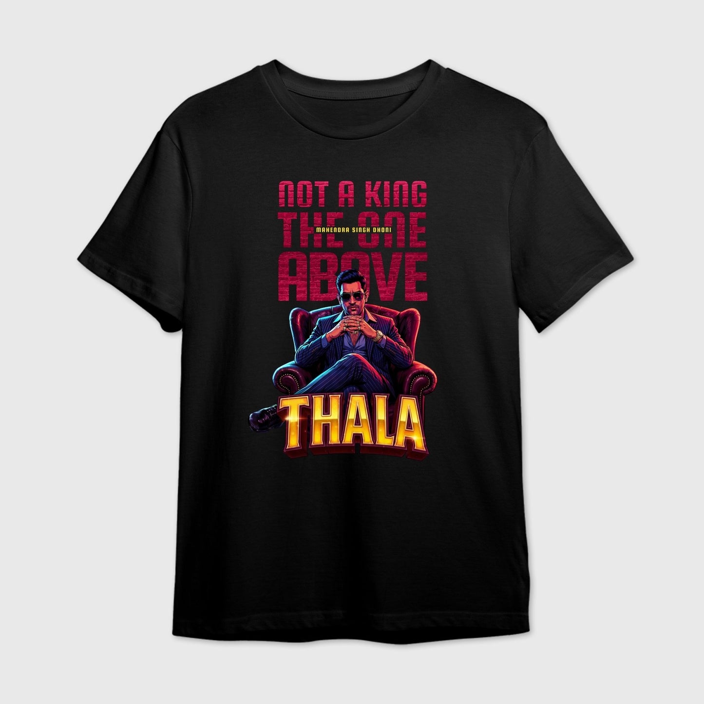Black t-shirt with colorful graphic of MS Dhoni and text 'Thala'