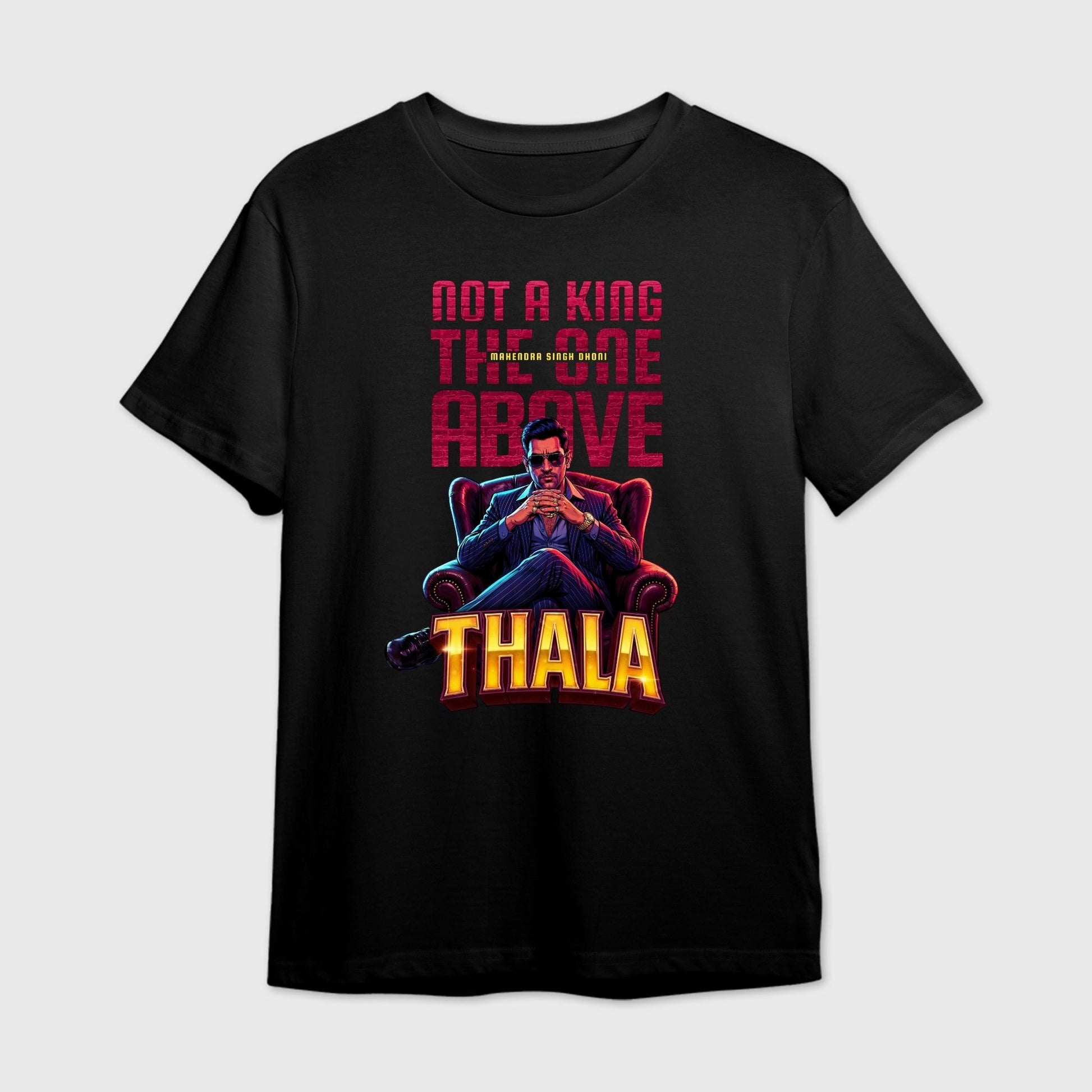 Black t-shirt with colorful graphic of MS Dhoni and text 'Thala'