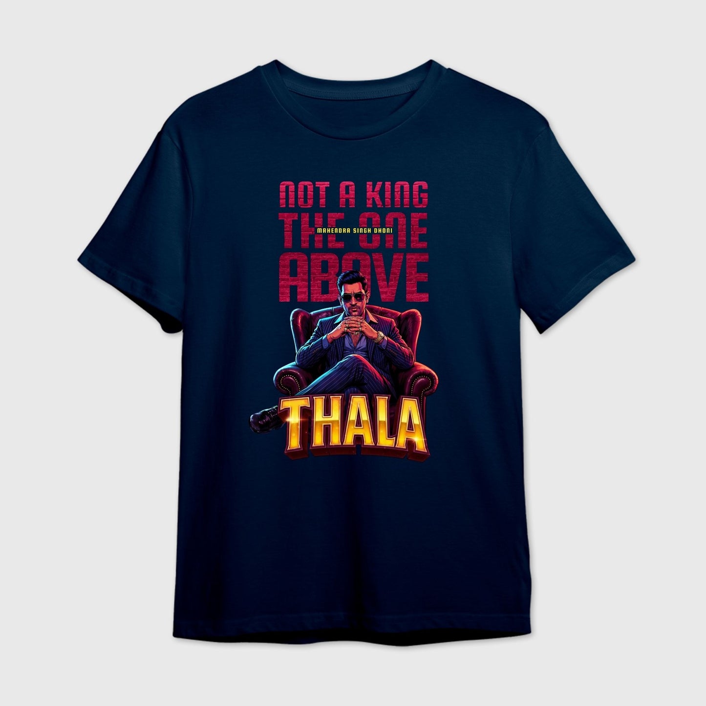 Navy blue t-shirt with a graphic design featuring text 'Thala' and an image of a MS Dhoni sitting on a chair.