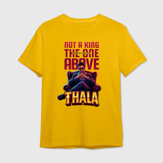 Yellow t-shirt with a graphic design featuring text 'Thala' and an image of a MS Dhoni sitting on a chair.