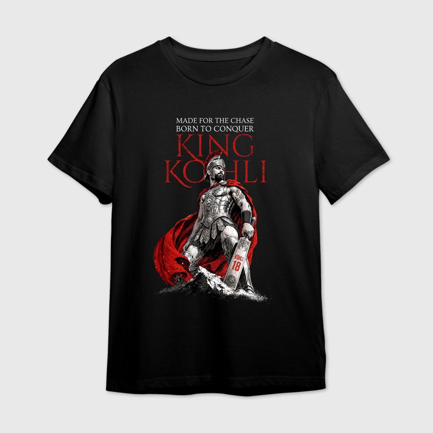 Black t-shirt with warrior graphic of Virat Kohli and text 'King Kohli'