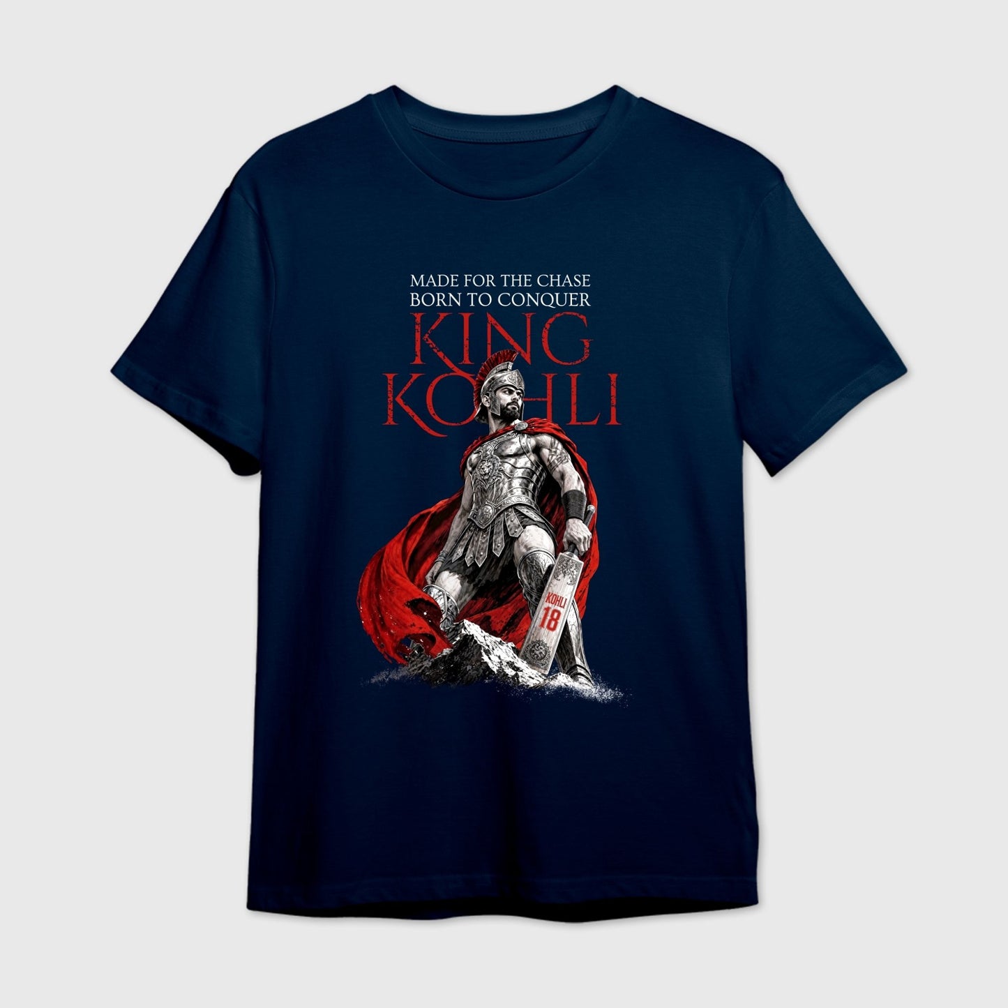 Navy blue t-shirt with warrior graphic of Virat Kohli and text 'King Kohli'