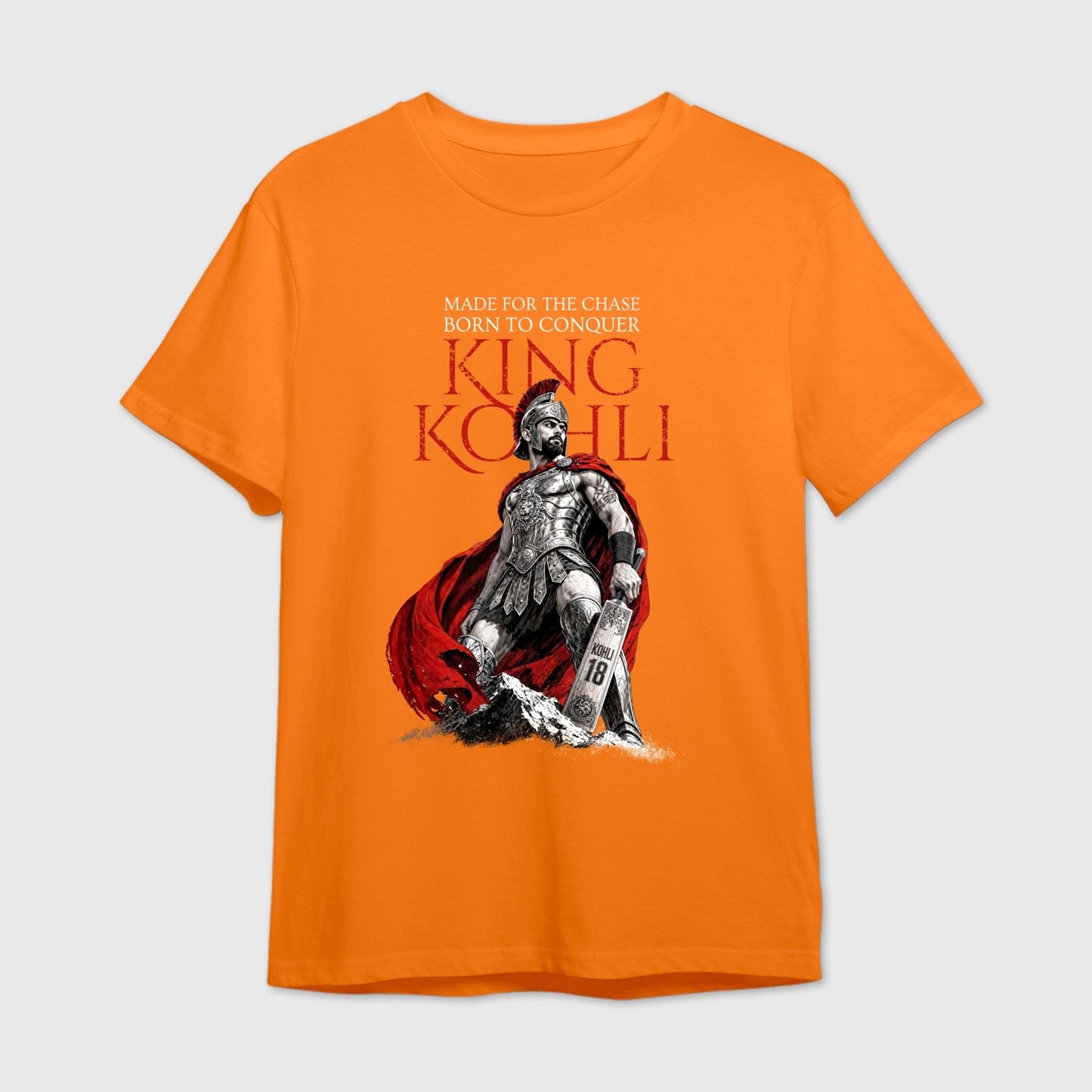Orange t-shirt with warrior graphic of Virat Kohli and text 'King Kohli'