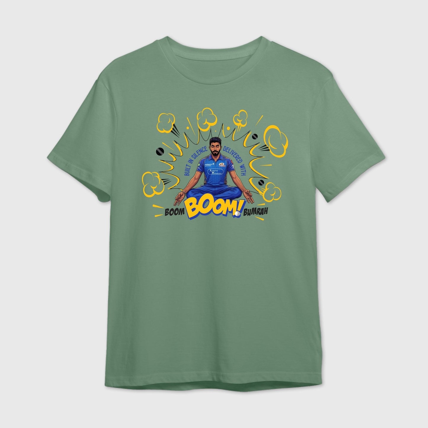 Green t-shirt with a graphic design of Bumrah in a blue outfit and text 'Boom Boom Bumrah'