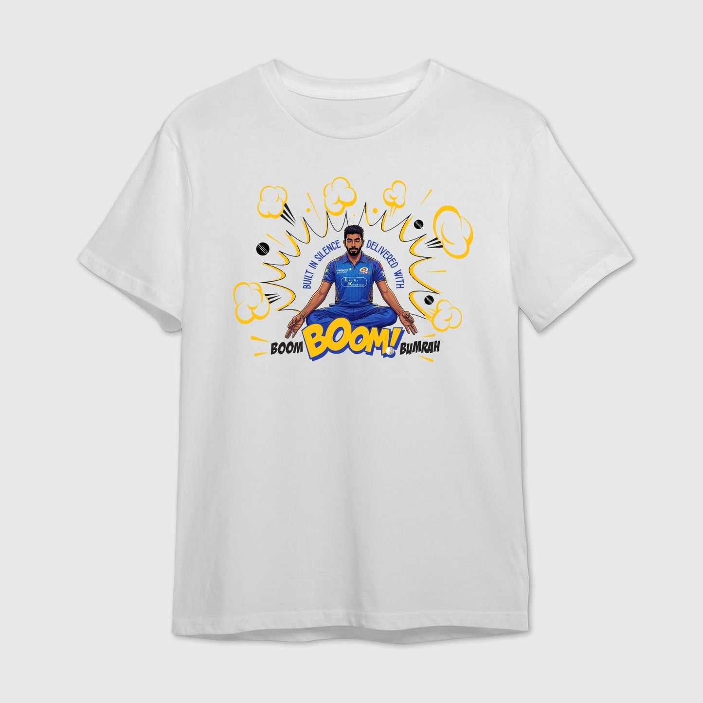 White t-shirt with a graphic design of Bumrah in a blue outfit and text 'Boom Boom Bumrah'