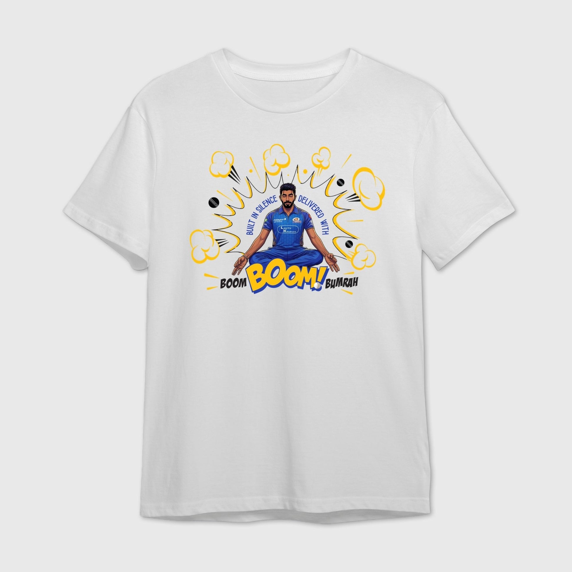 White t-shirt with a graphic design of Bumrah in a blue outfit and text 'Boom Boom Bumrah'