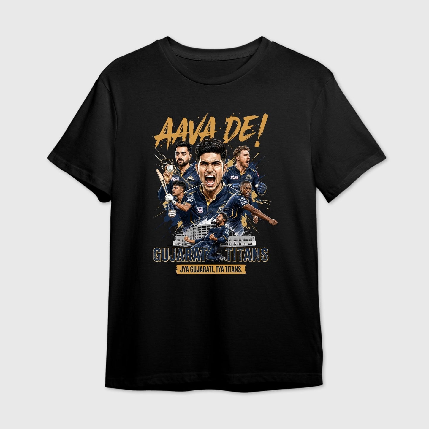 Black t-shirt with 'Aava De!' and 'Gujarat Titans' graphic