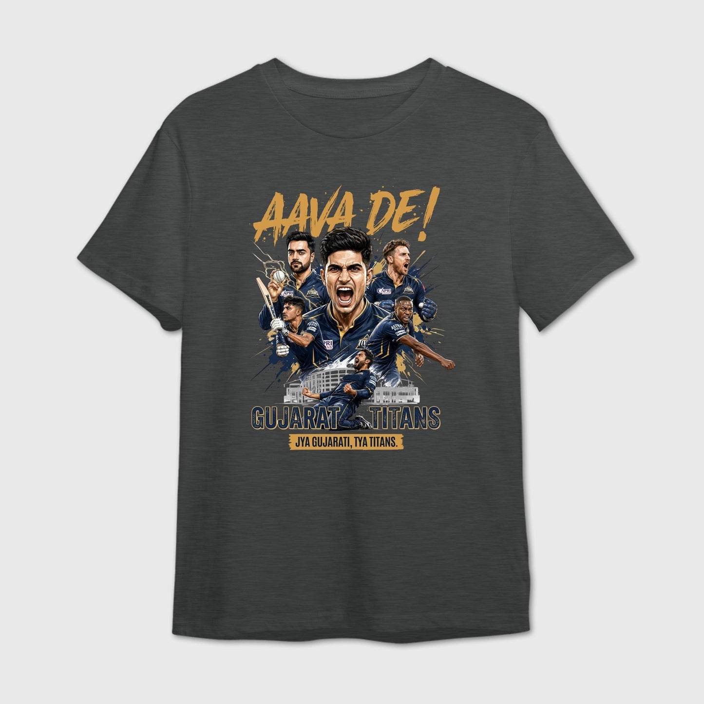 Dark Grey t-shirt with 'Aava De!' and 'Gujarat Titans' graphic